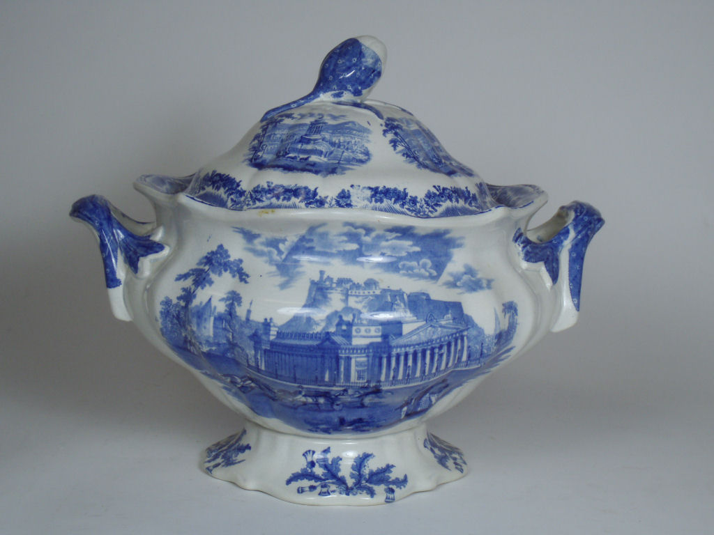 An early 19th century 'Modern Athens' pattern blue printed soup tureen and cover By J. Jamieson & Co. Bo'ness
