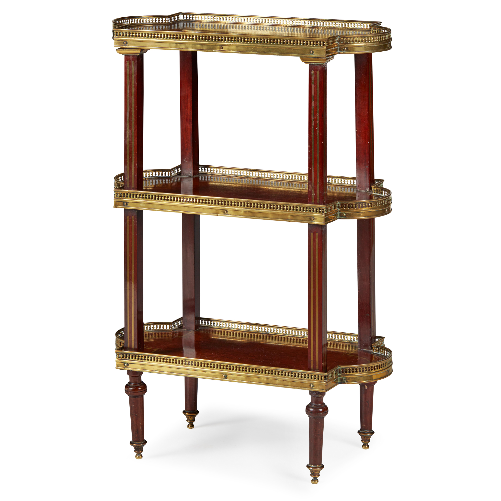 REGENCY STYLE MAHOGANY AND BRASS THREE TIER ETAGERE