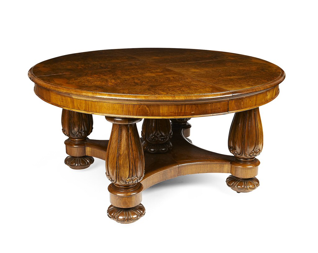 GOOD VICTORIAN BURR WALNUT EXTENDING DINING TABLE