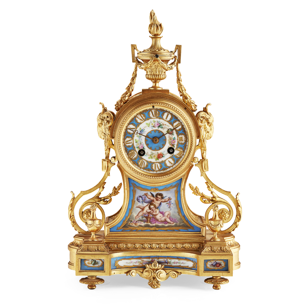FRENCH GILT BRONZE AND PORCELAIN MOUNTED MANTEL CLOCK