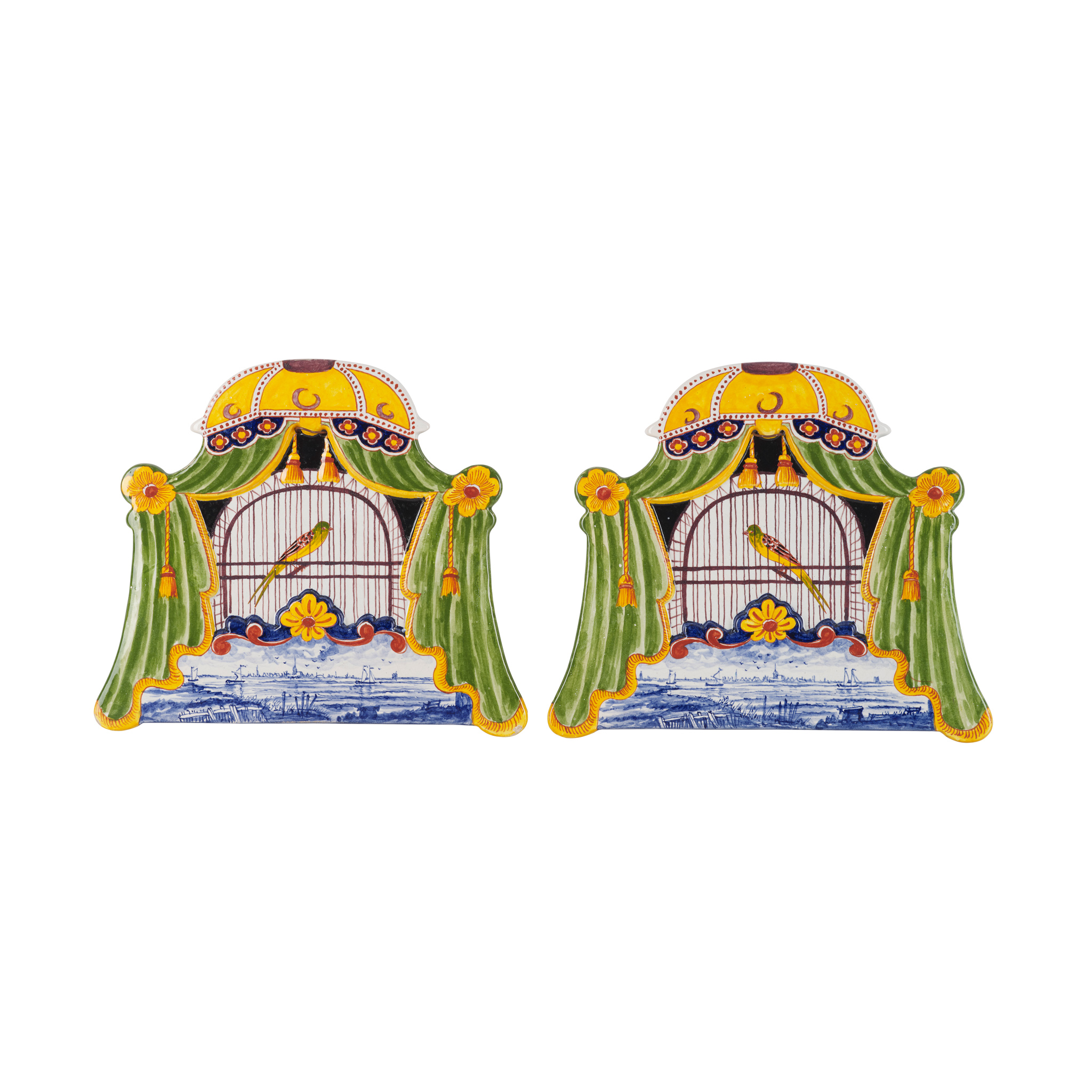 PAIR OF DUTCH DELFT TROMPE L'OEIL BIRD CAGE PLAQUES
