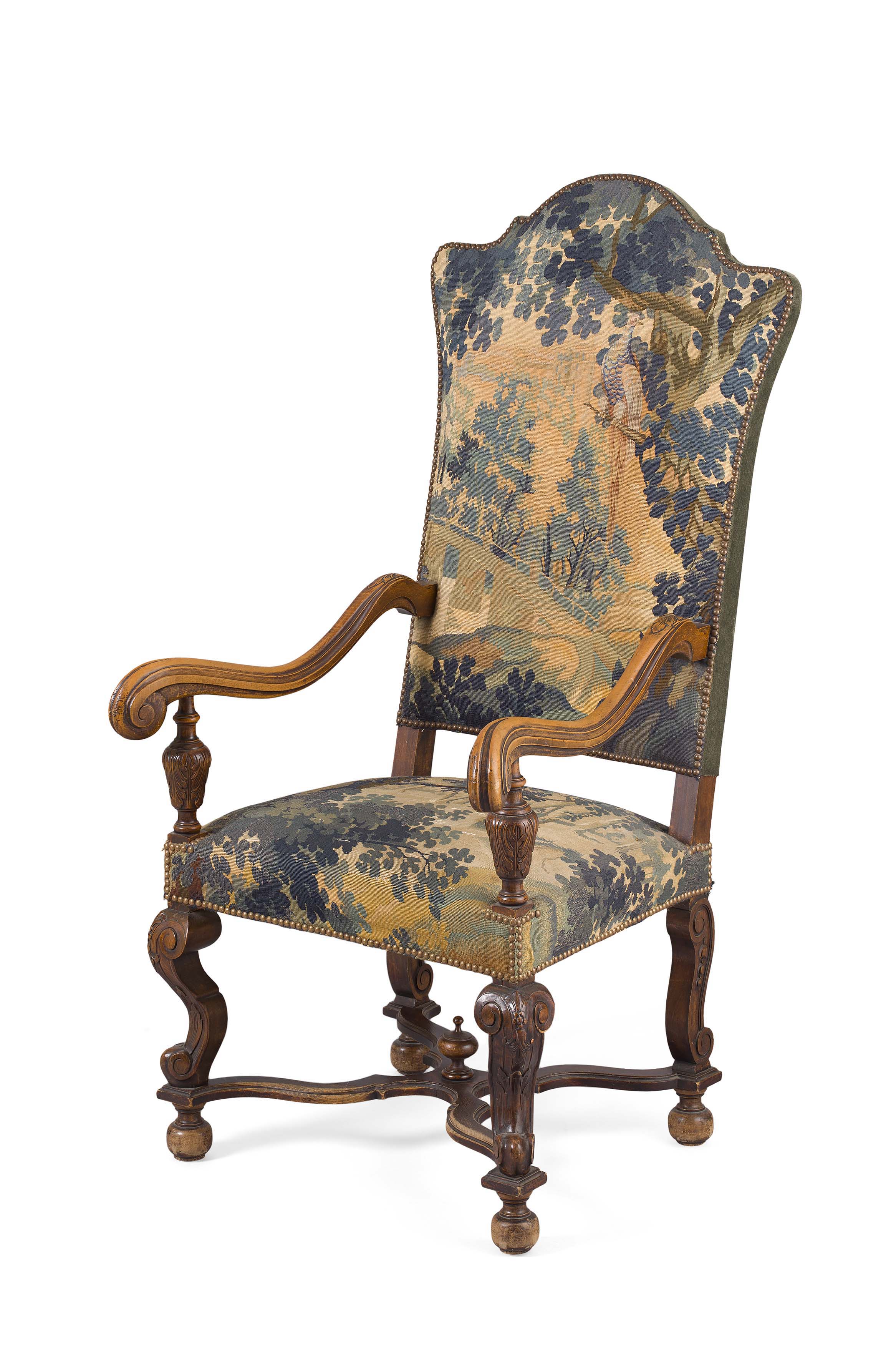 FRENCH BEECH AND TAPESTRY UPHOLSTERED ARMCHAIR