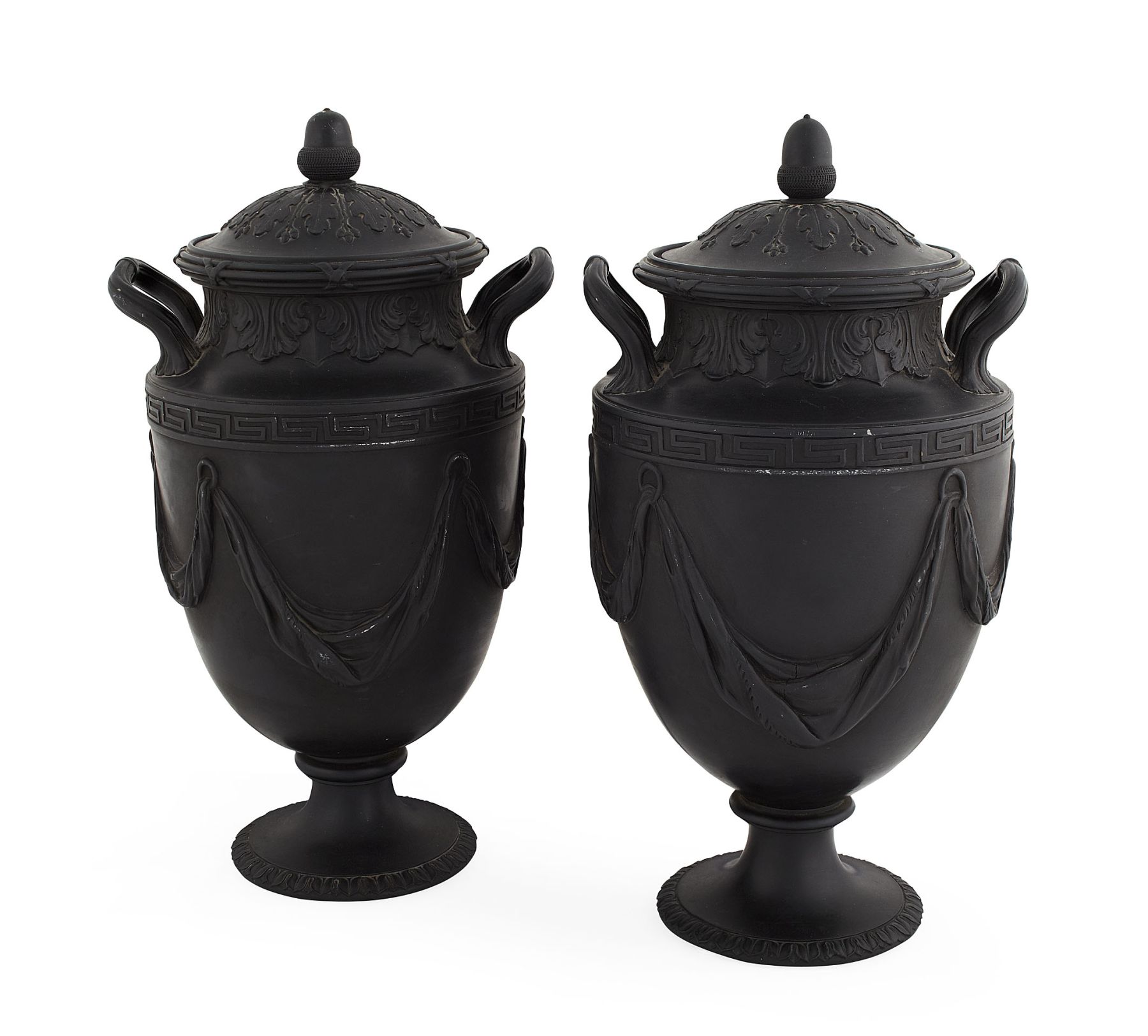 PAIR OF WEDGWOOD BASALT COVERED URNS