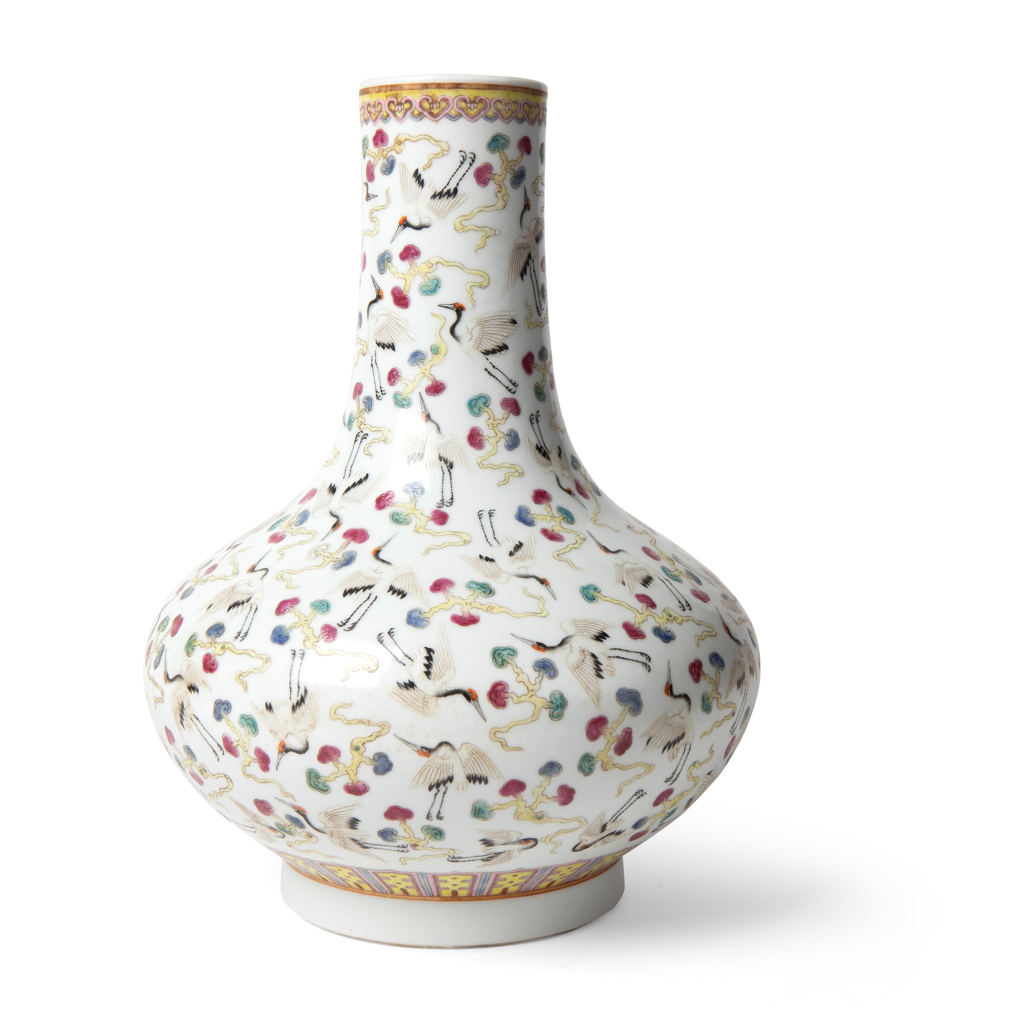 FAMILLE ROSE 'CRANE' BOTTLE VASE