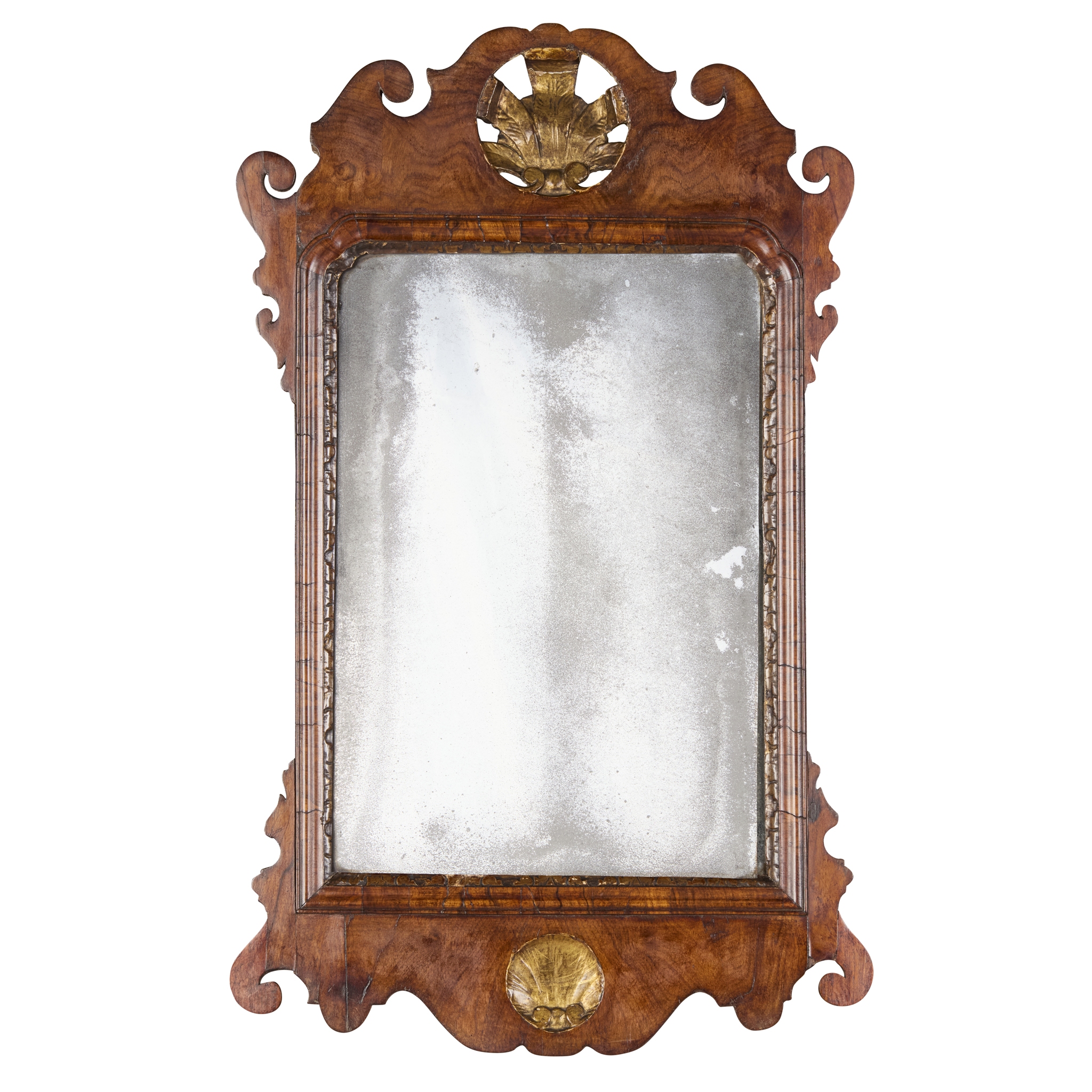 GEORGE II WALNUT AND GILTWOOD MIRROR