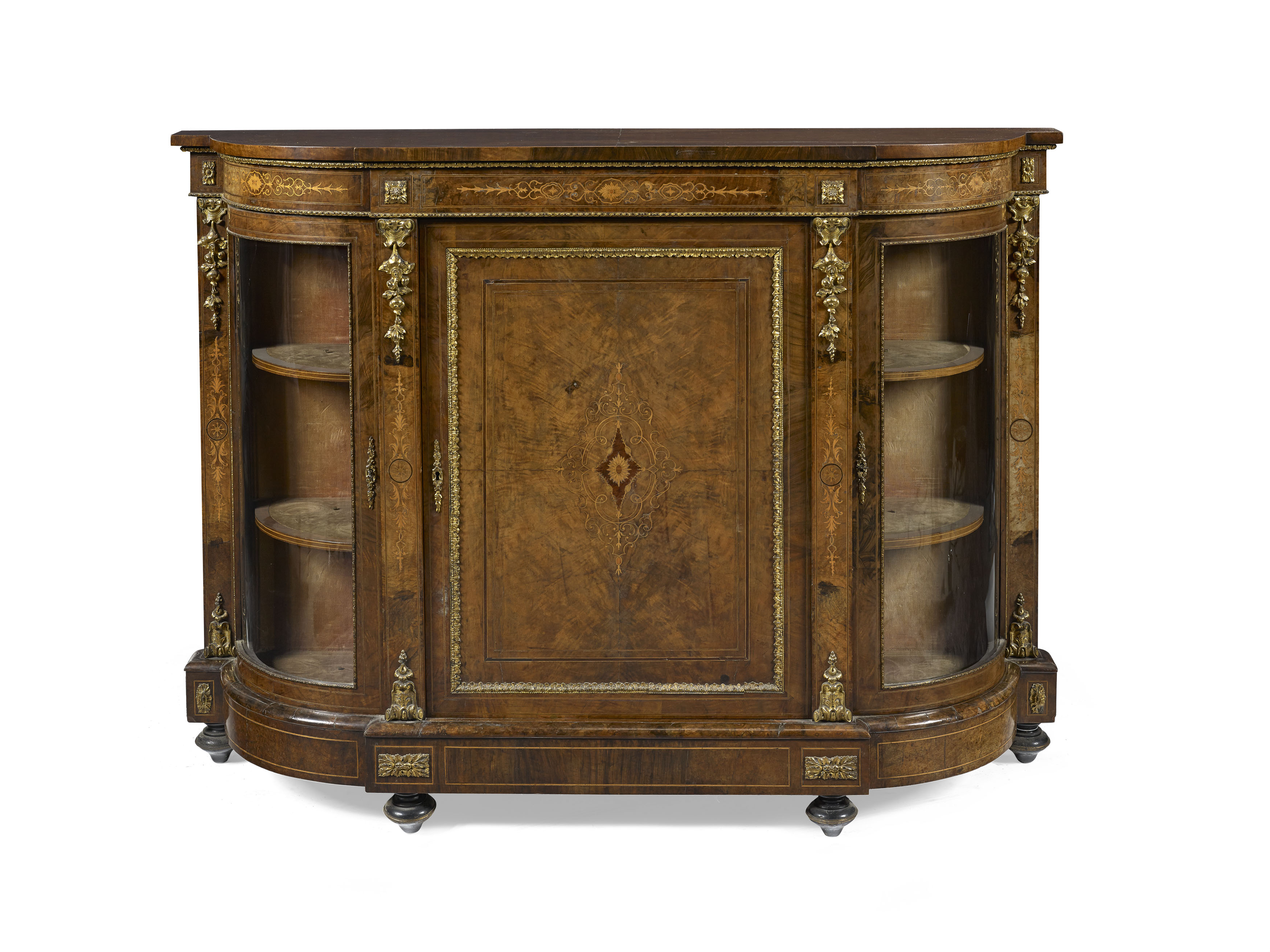 VICTORIAN WALNUT, INLAY AND GILT METAL MOUNTED CREDENZA