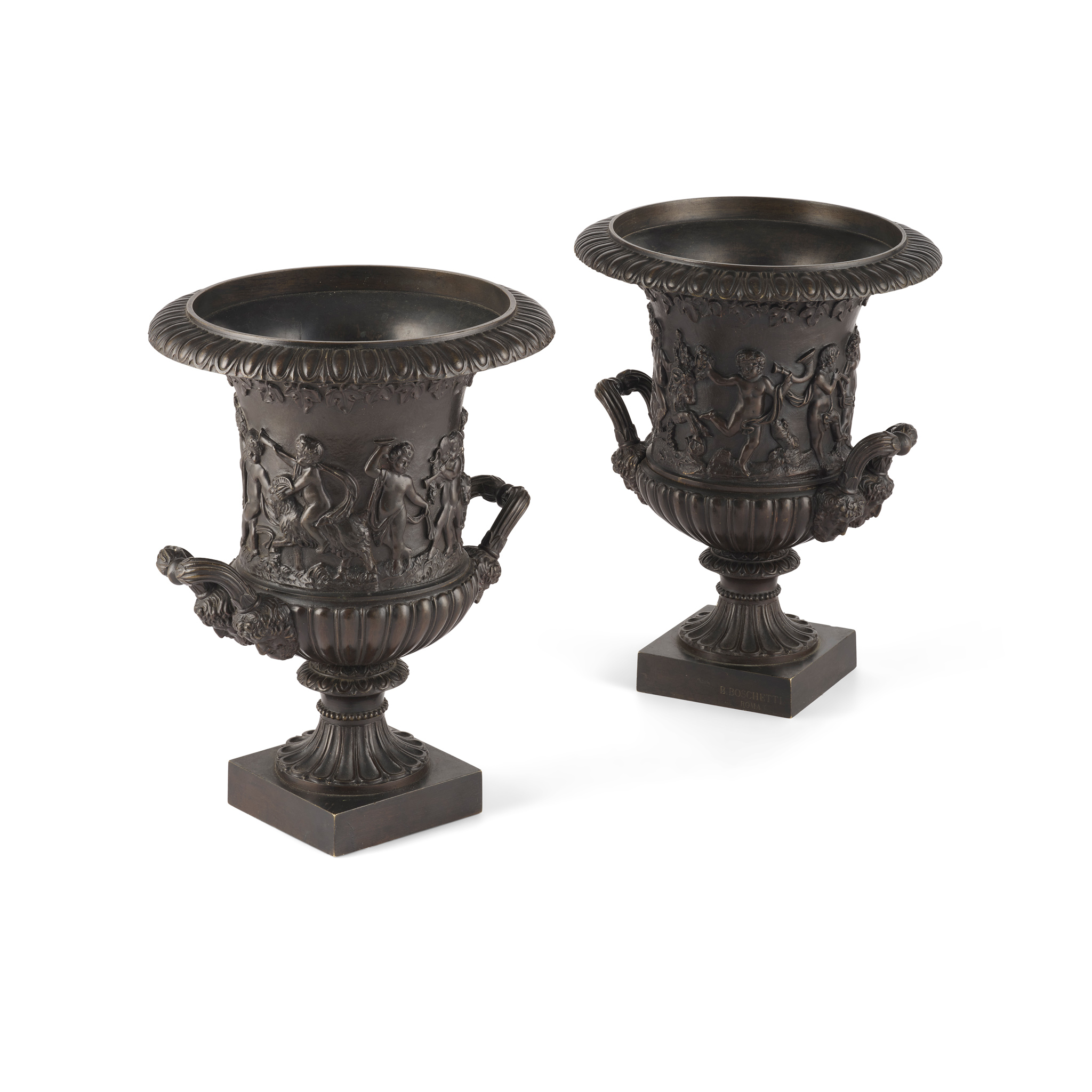 PAIR OF ITALIAN BRONZE URNS, IN THE MANNER OF BENEDETTO BOSCHETTI (1820-1879)