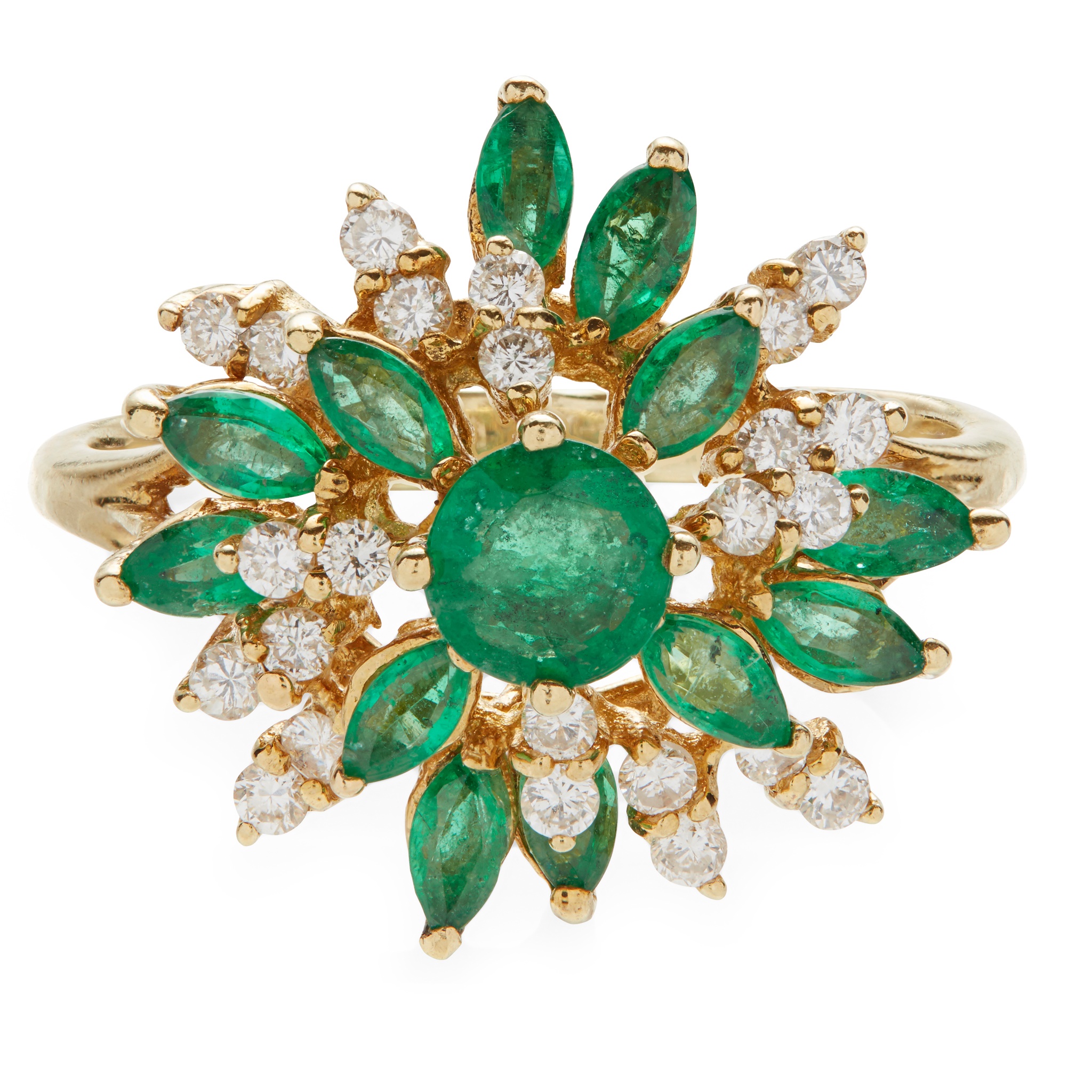 An emerald and diamond set cluster ring