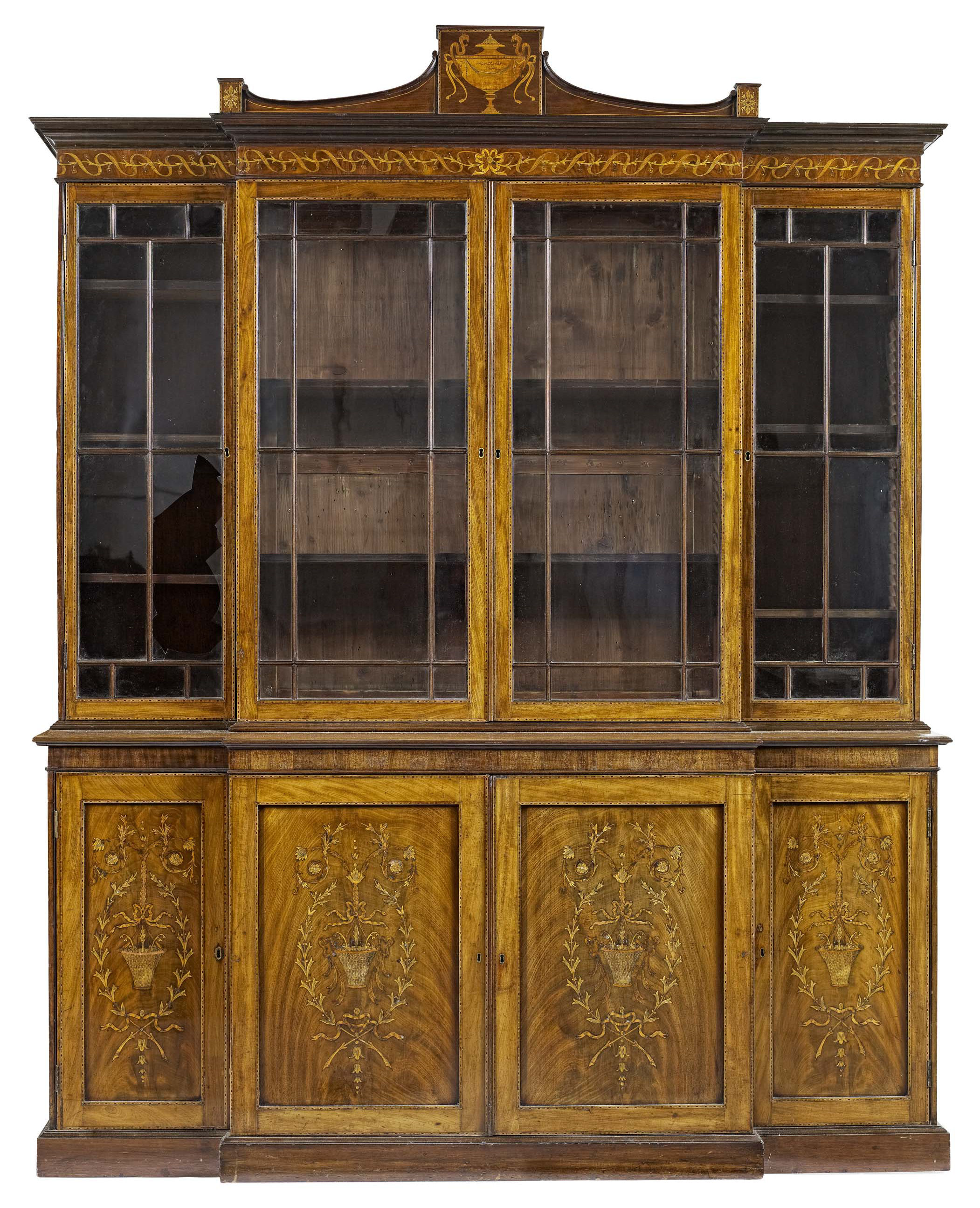 GEORGE III MAHOGANY AND INLAID BREAKFRONT LIBRARY BOOKCASE