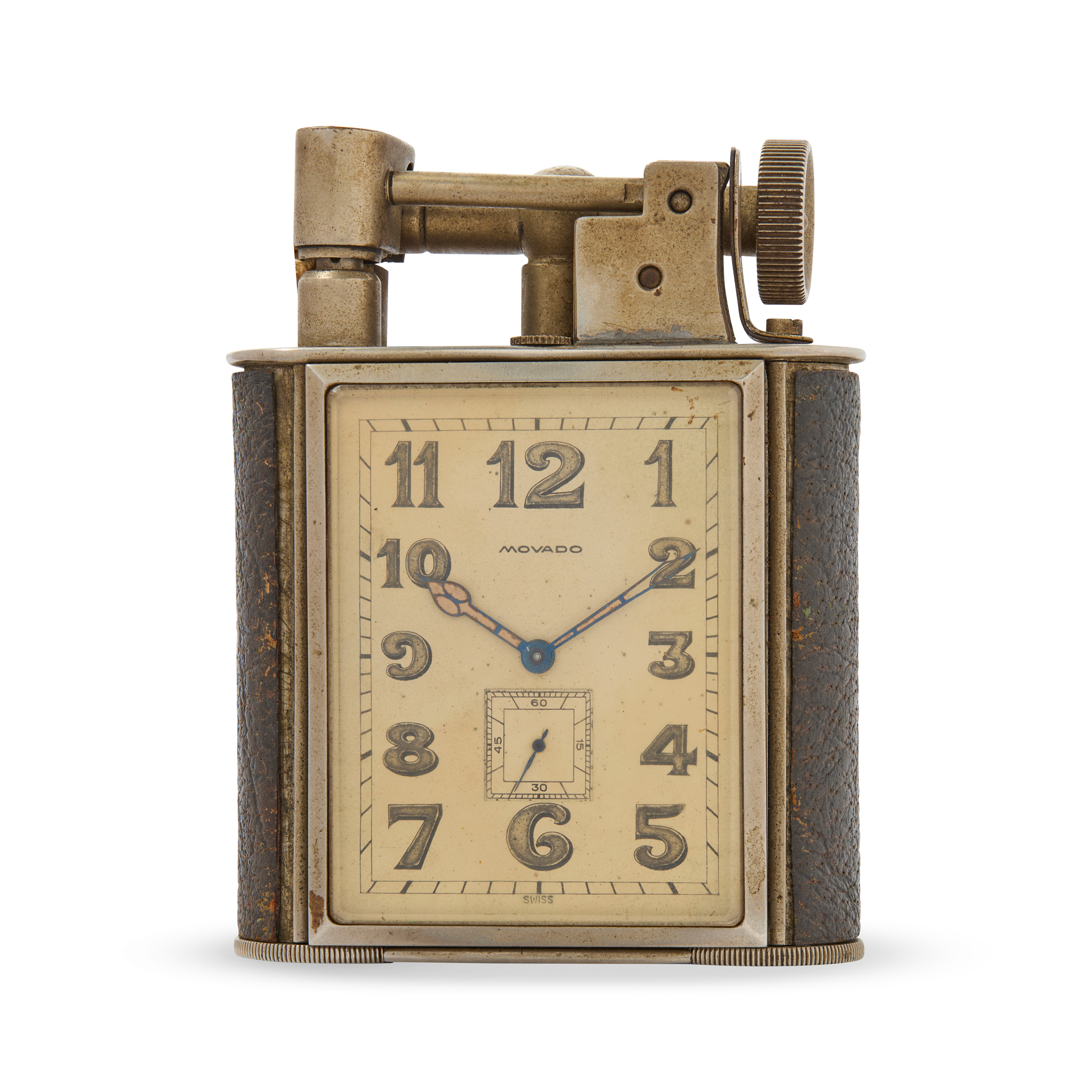 Movado. A large, unusual and very rare metal and leather mechanical desk clock with lighter