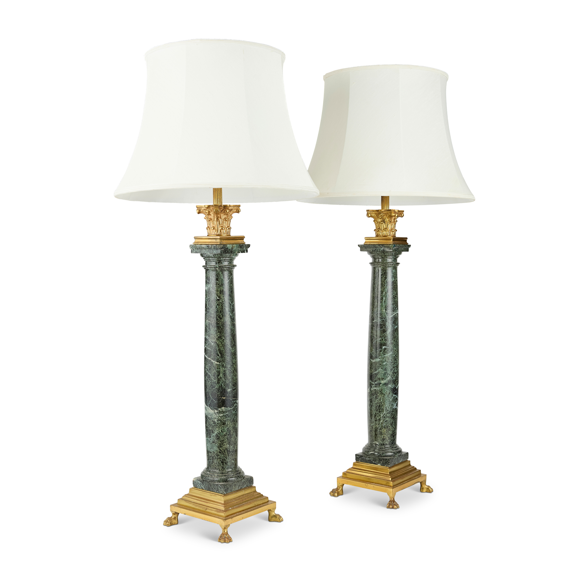 PAIR OF FRENCH GILT METAL AND GREEN MARBLE COLUMN TABLE LAMPS