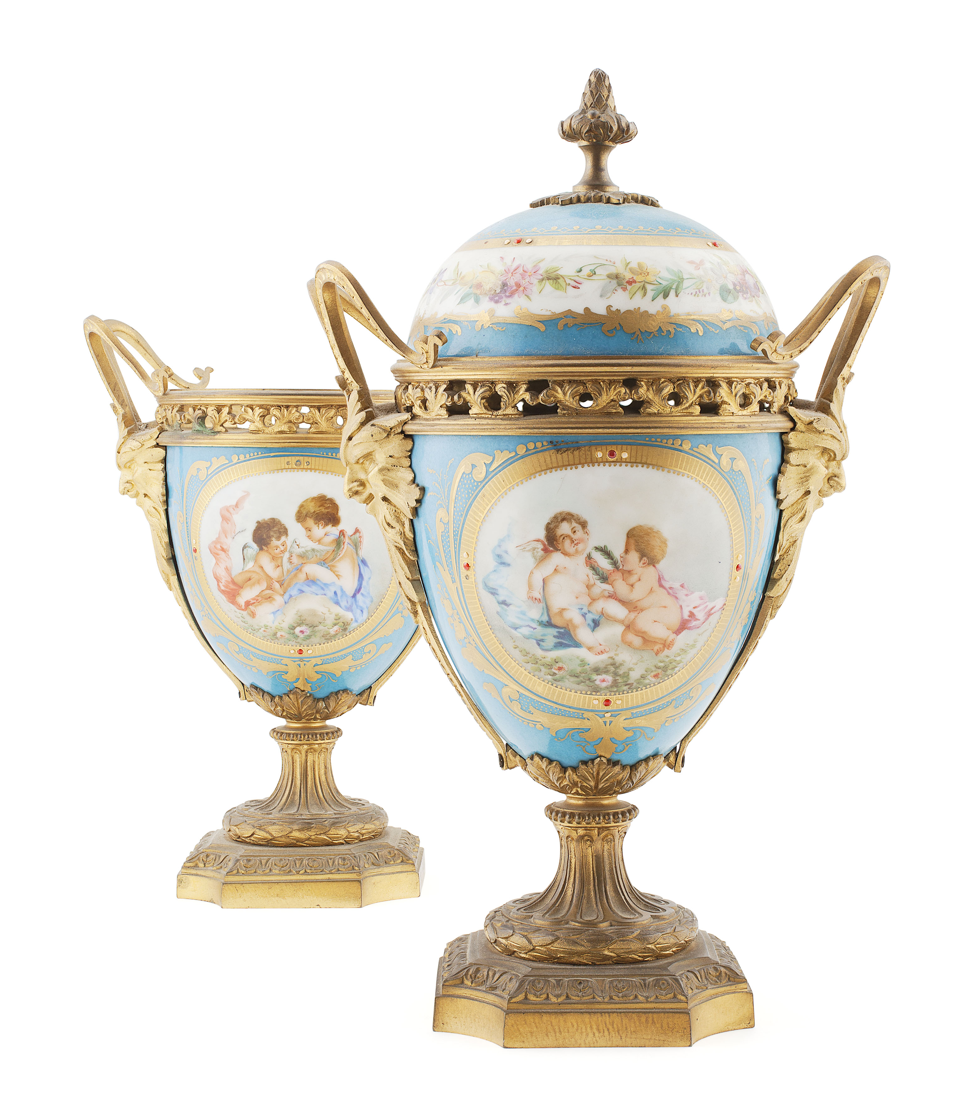 PAIR OF LOUIS XVI SEVRES STYLE GILT BRONZE MOUNTED URNS
