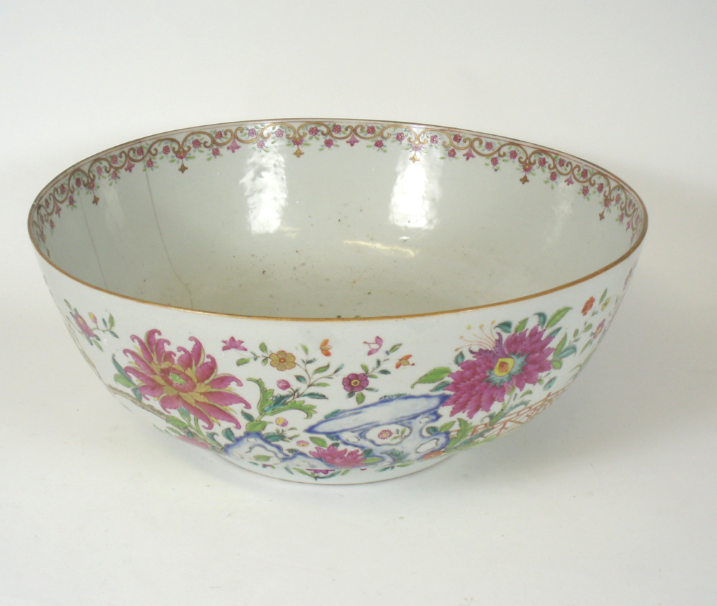 A large 18th century Chinese export famille rose punch bowl