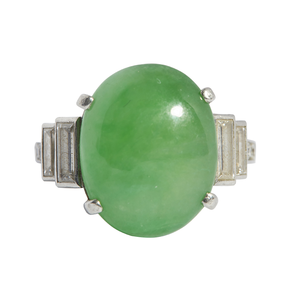 An Art Deco jadeite and diamond set ring