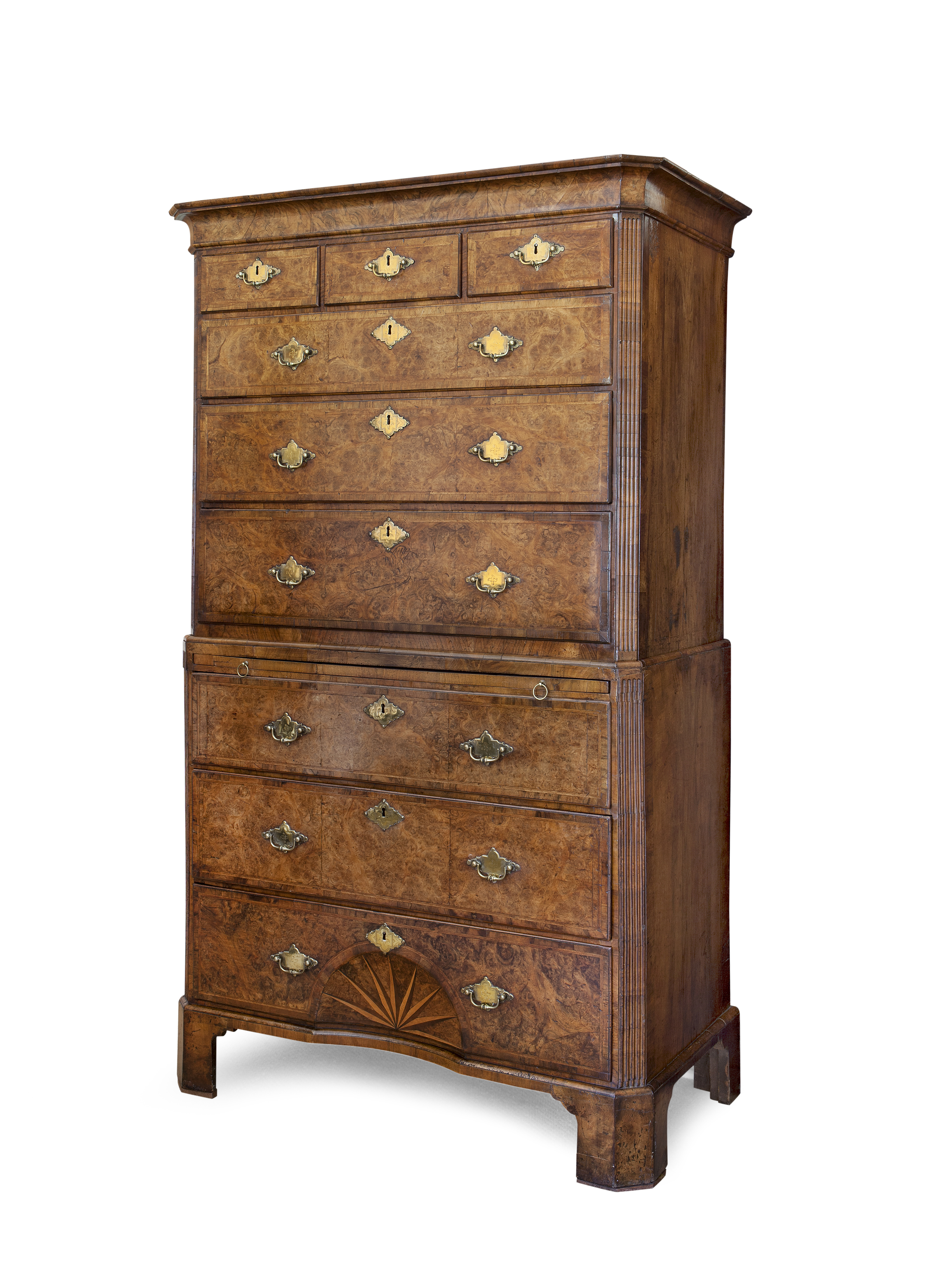 FINE GEORGE I BURR WALNUT AND FEATHERBANDED CHEST ON CHEST