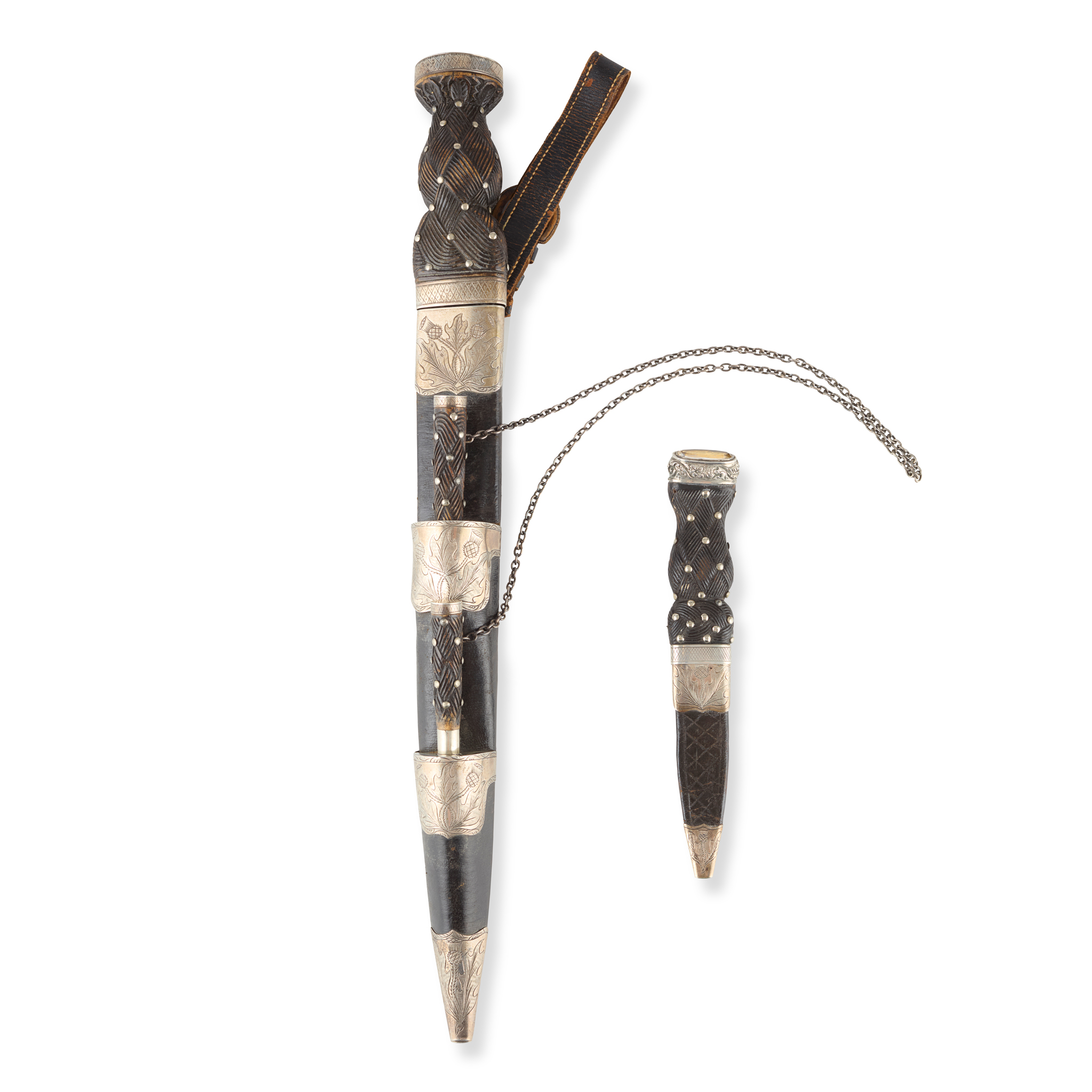 A VICTORIAN SILVER MOUNTED DIRK AND SGIAN DUBH