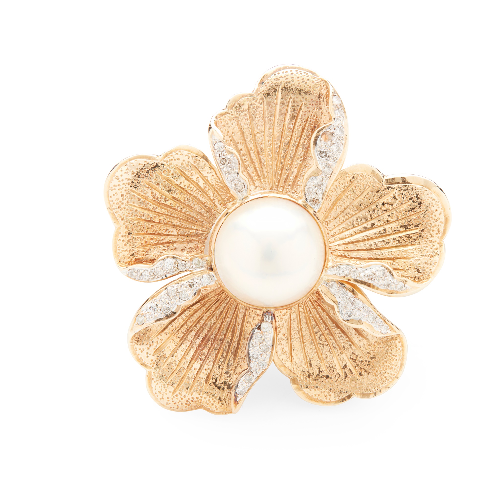 A cultured mabé pearl and diamond flower brooch