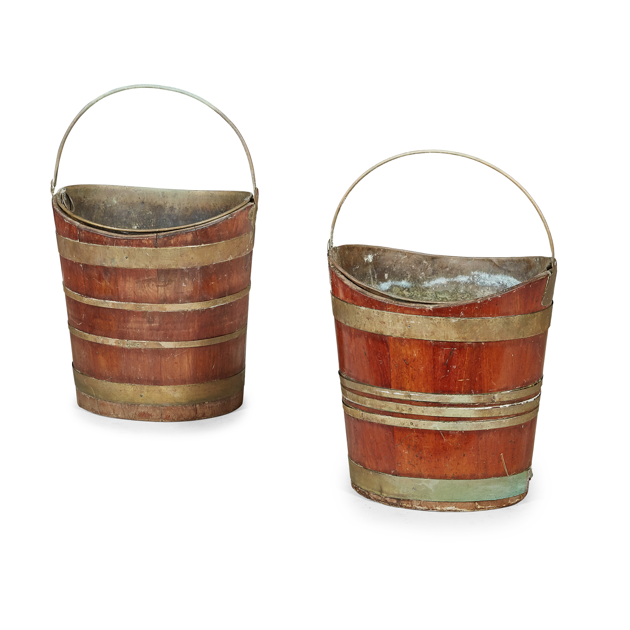 MATCHED PAIR OF BRASS BANDED PEAT BUCKETS