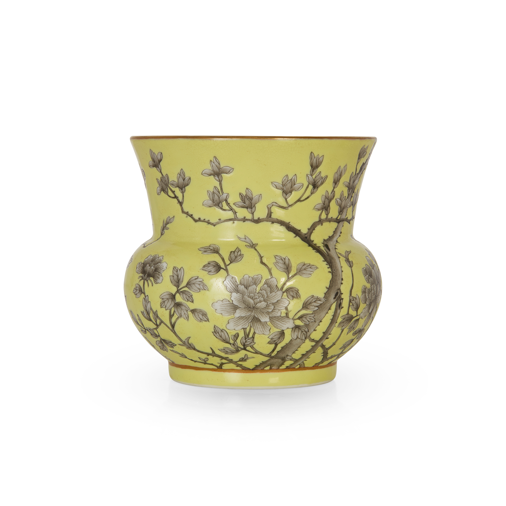 CHINESE YELLOW-GROUND GRISAILLE-DECORATED 'PEONY' SPITTOON