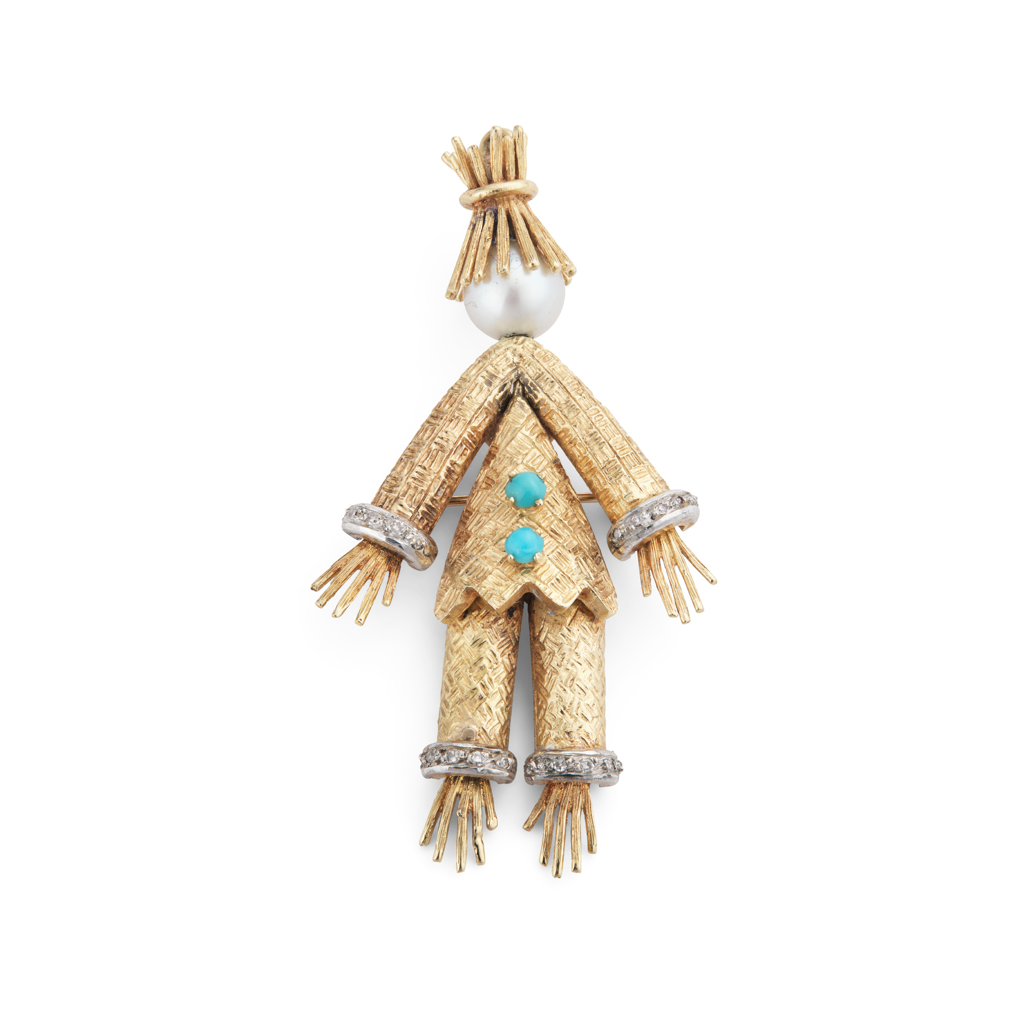 Cherny: A cultured pearl, turquoise and diamond scarecrow brooch/pendant