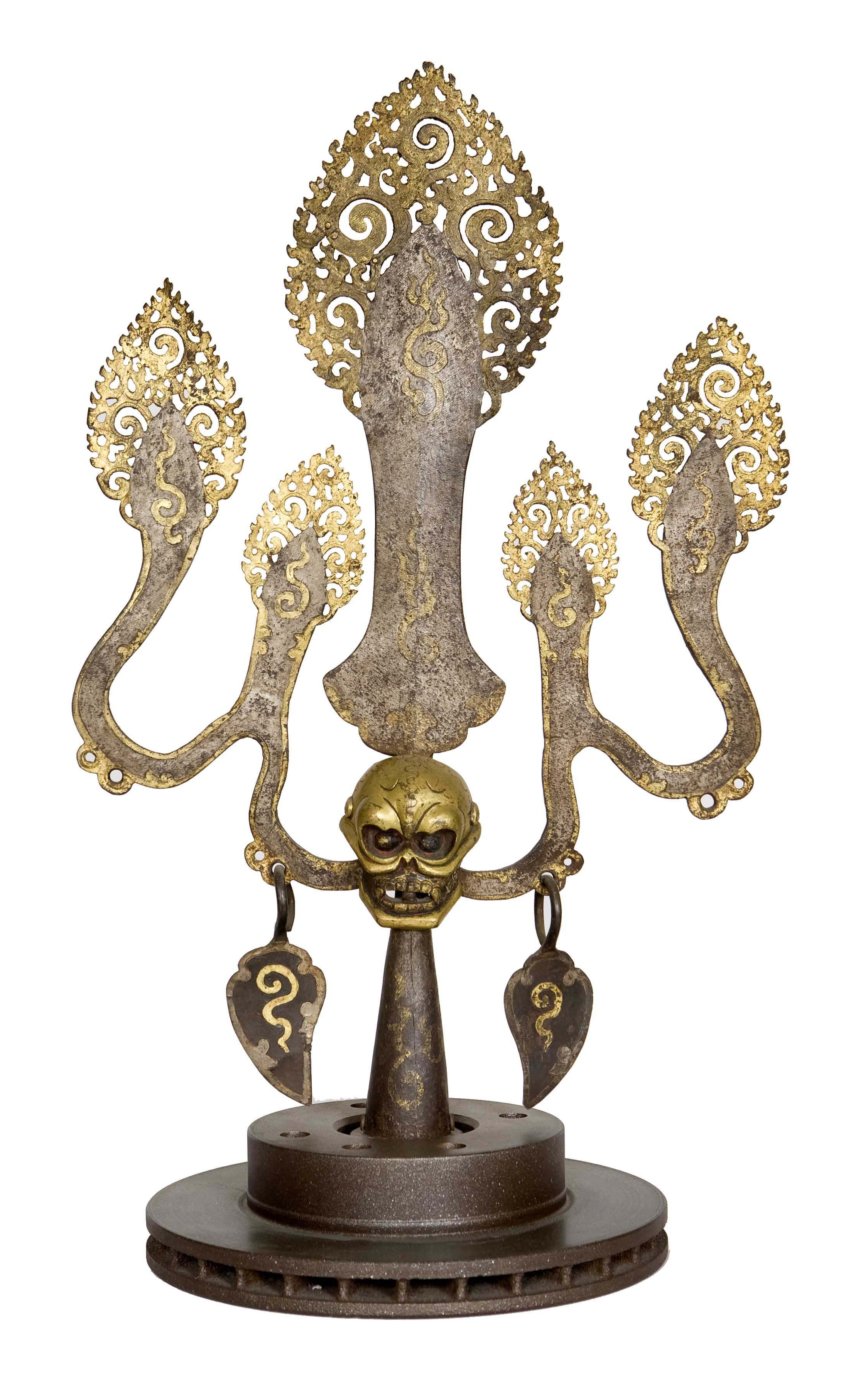 POLISHED STEEL TIBETAN FIVE BRANCH CEREMONIAL TRISHULA