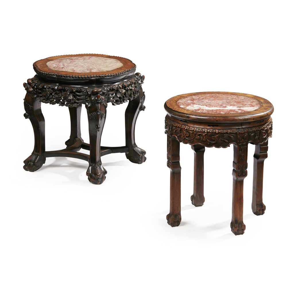 TWO HARDWOOD AND MARBLE JARDINIÈRE STANDS