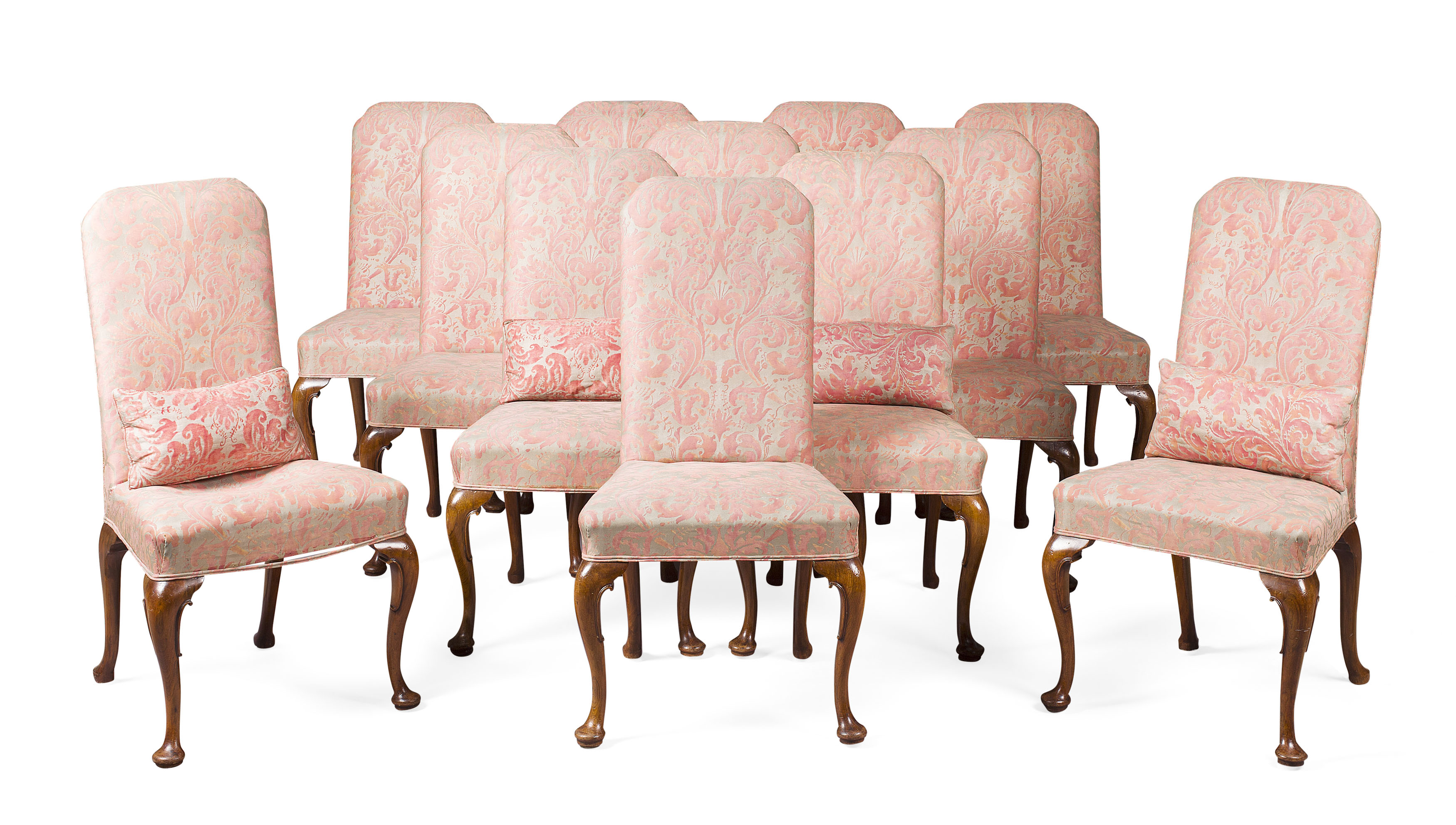 SET OF TWELVE QUEEN ANNE STYLE MAHOGANY AND UPHOLSTERED DINING CHAIRS