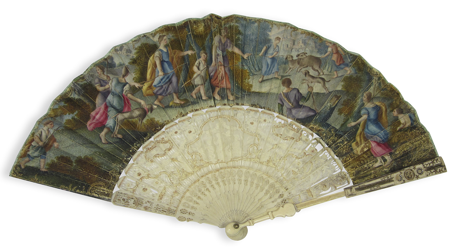 ENGLISH HAND PAINTED VELLUM AND IVORY MOUNTED FAN
