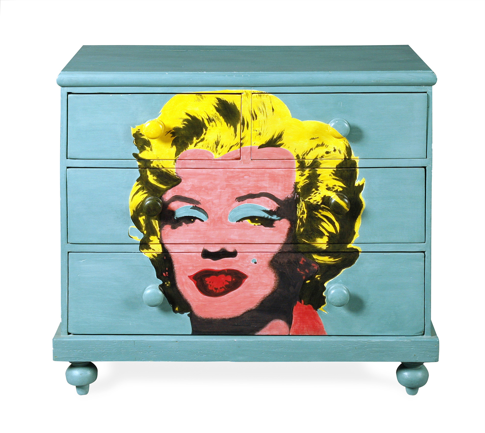 AFTER ANDY WARHOL, AN OVER PAINTED PINE CHEST PAINTED WITH MARYLIN MONROE