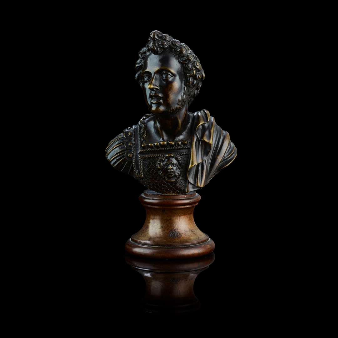 A NORTH ITALIAN BRONZE BUST OF A YOUNG MAN IN ARMOUR