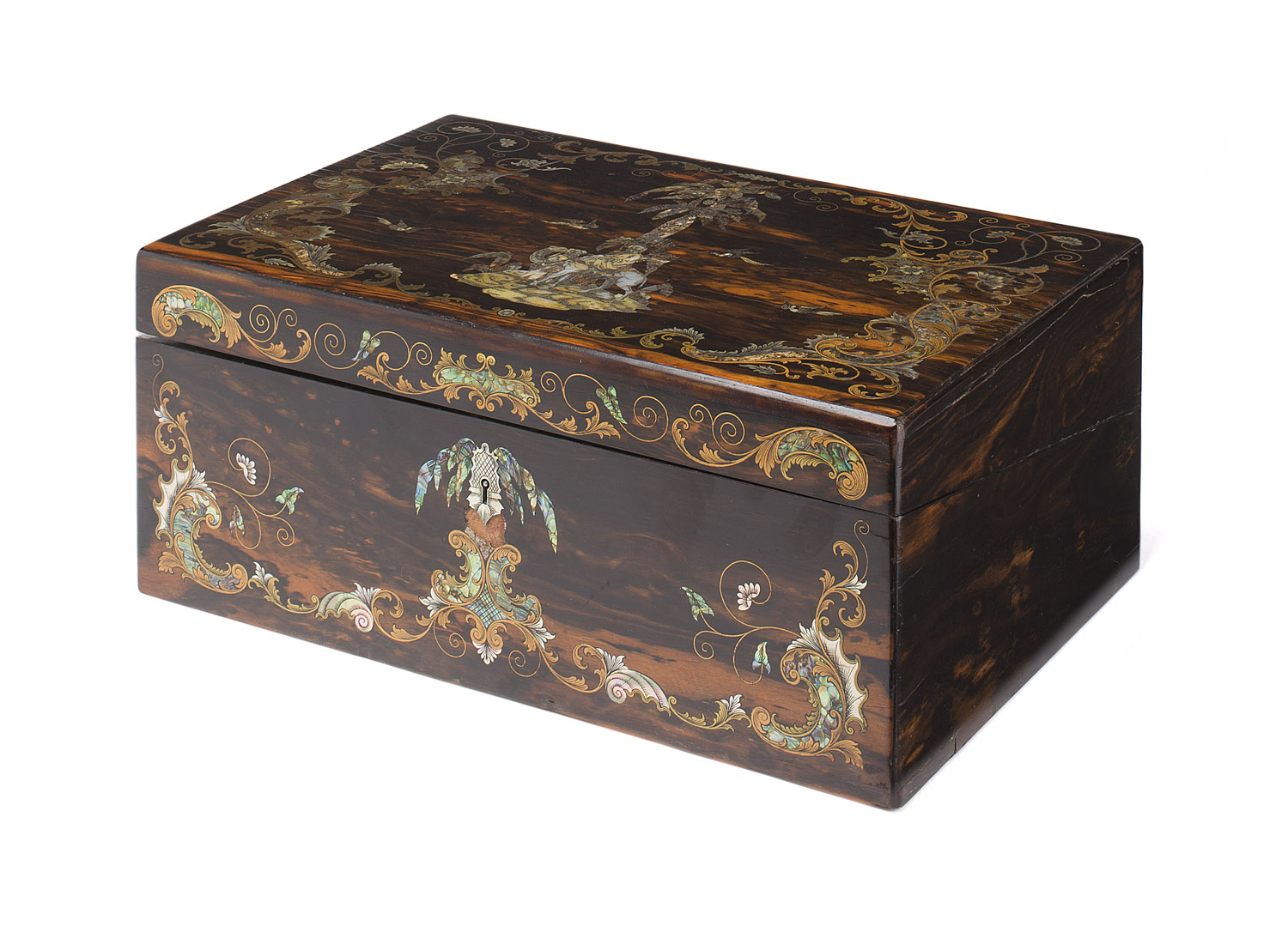 FINE COROMANDEL, MOTHER OF PEARL, ABALONE AND BRASS INLAID WRITING SLOPE