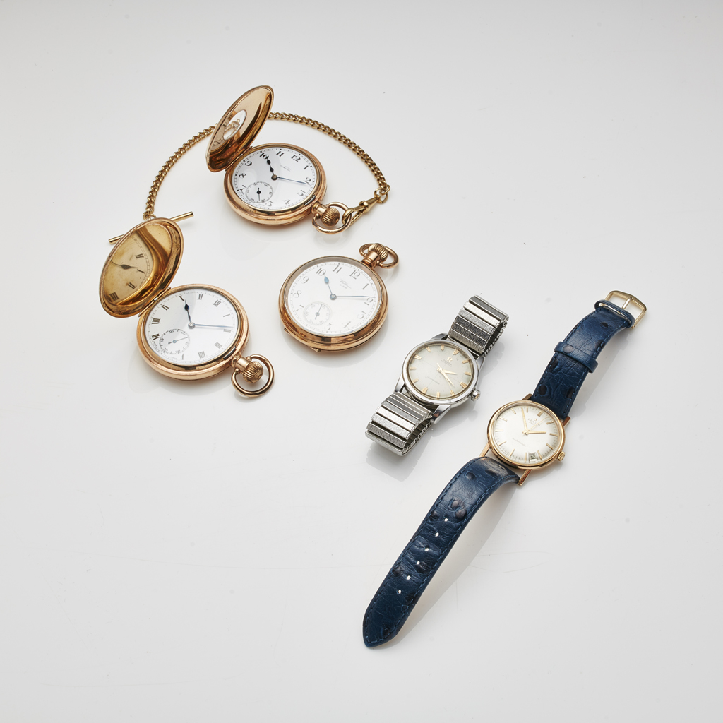 A group of three various pocket watches and two wristwatches