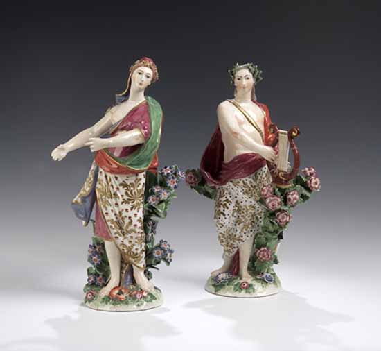 A pair of Chelsea gold anchor figures depicting Apollo and Celestria