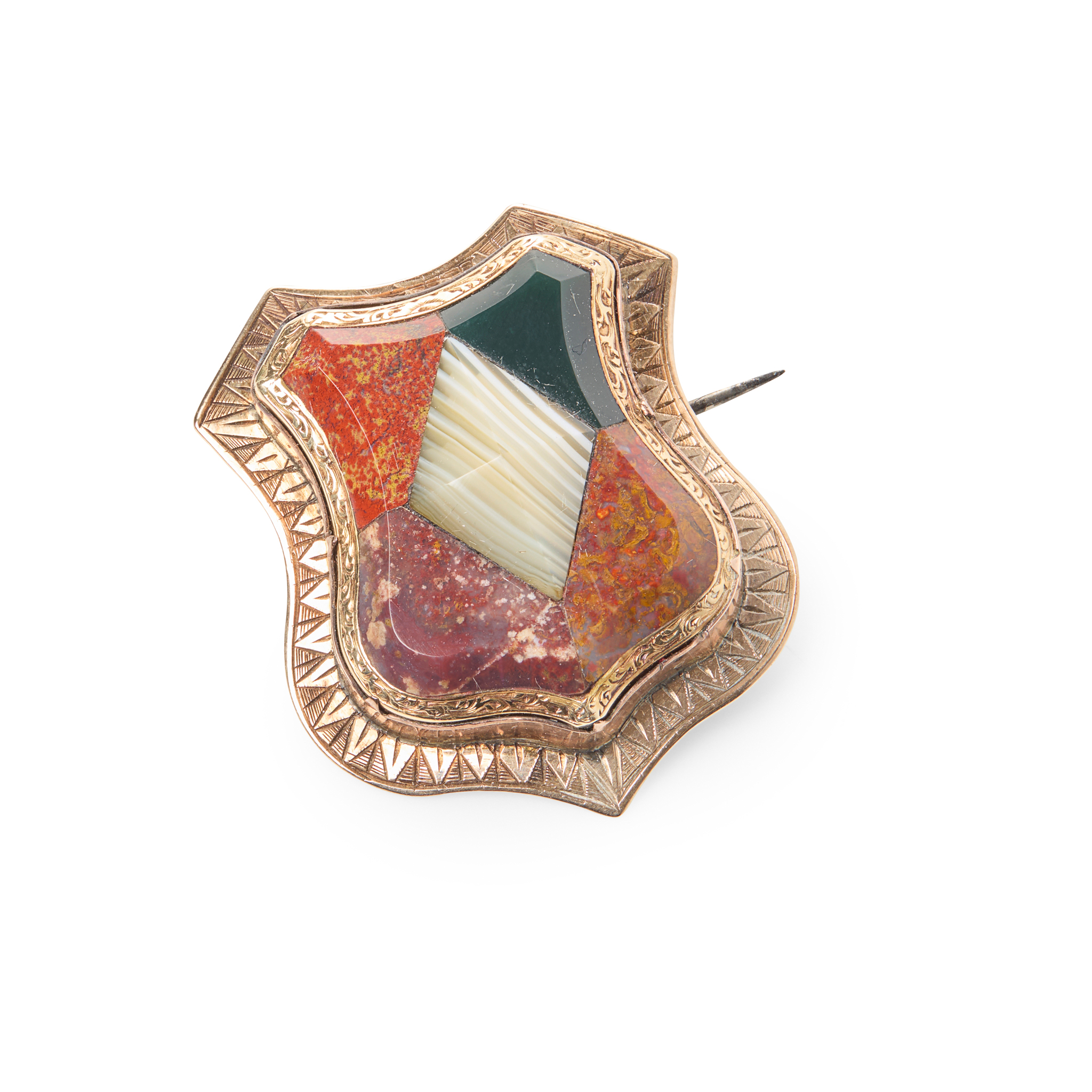 A VICTORIAN MOMENTO MORI GOLD AND HARDSTONE-SET BROOCH