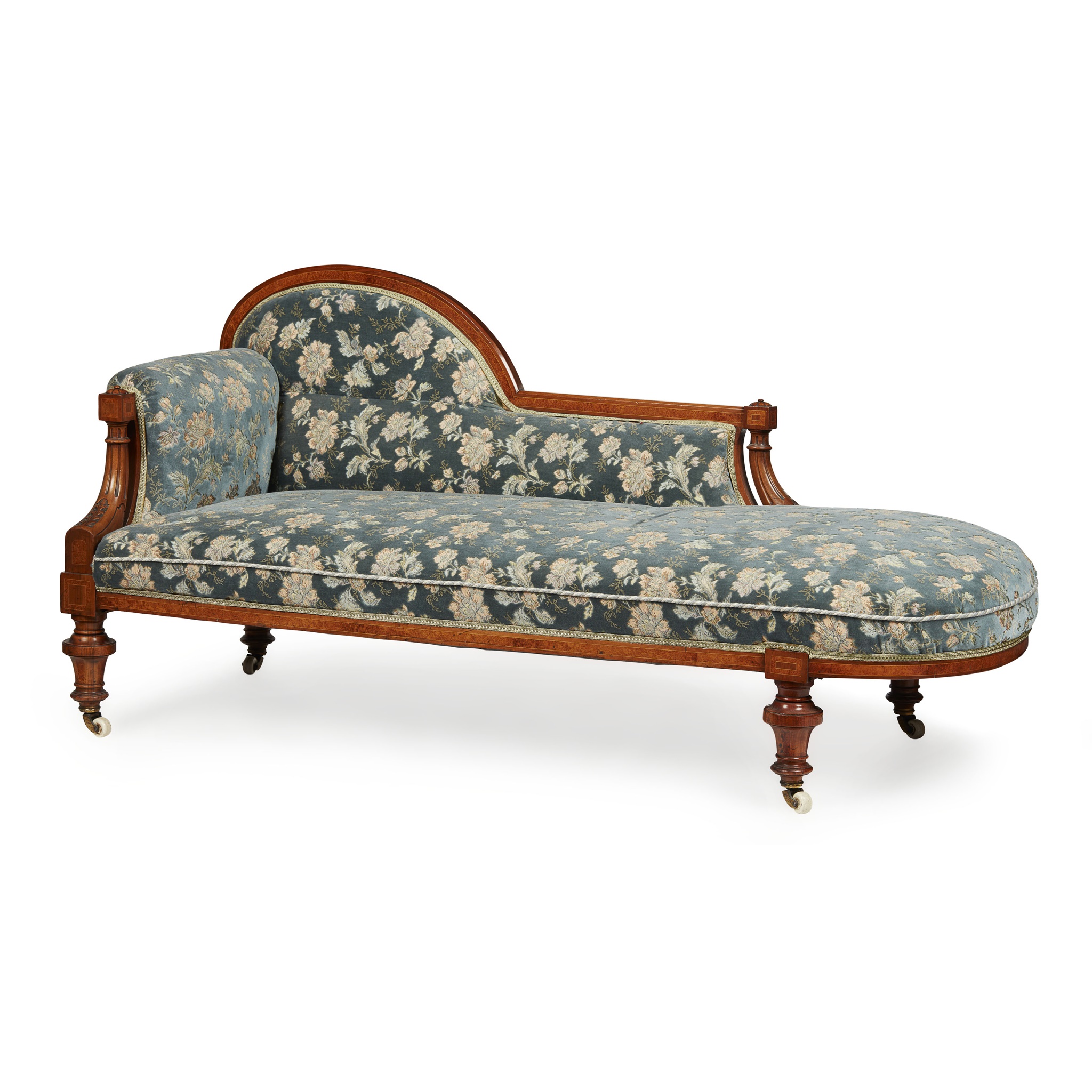 LATE VICTORIAN WALNUT AND AMBOYNA NINE PIECE PARLOUR SUITE