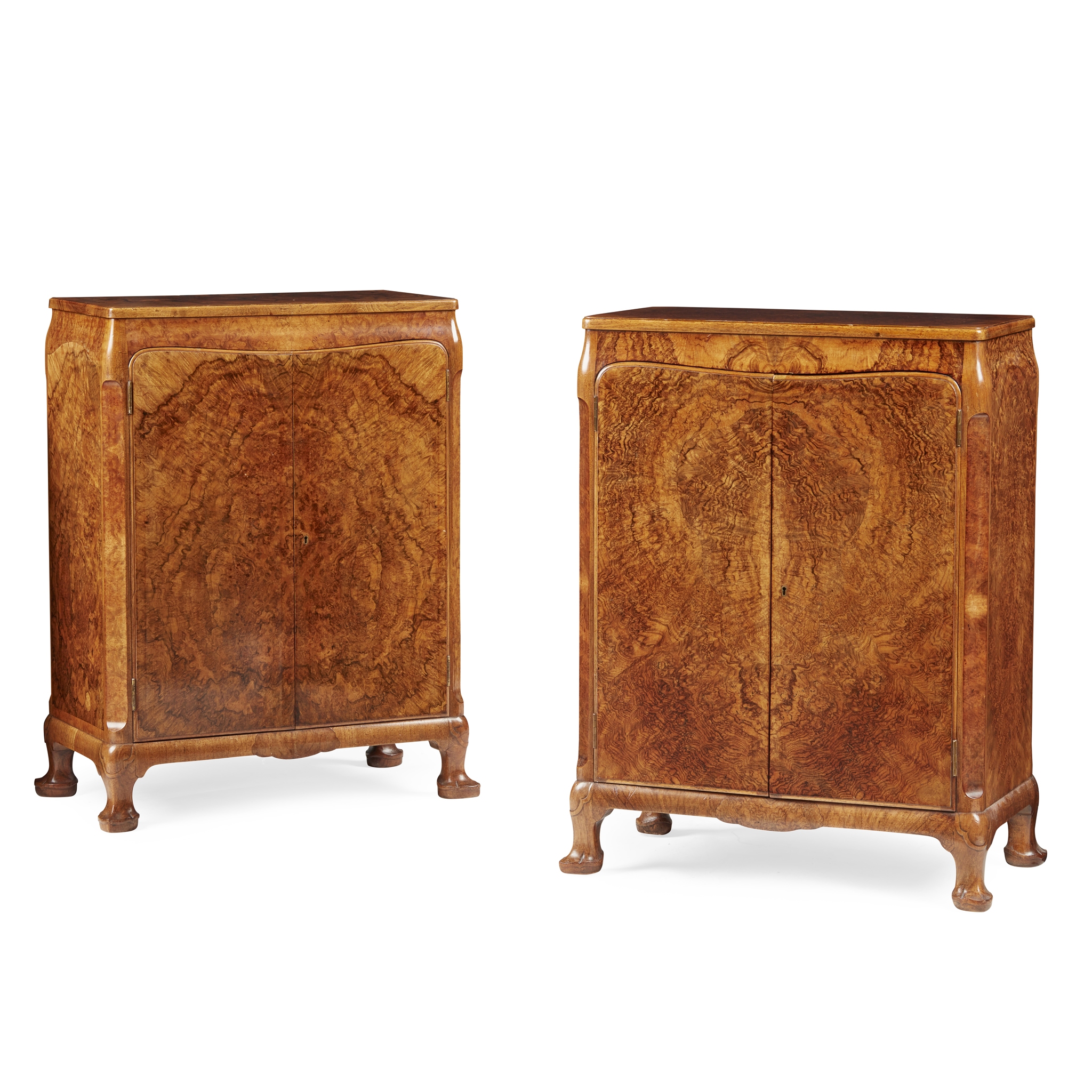 PAIR OF QUEEN ANNE STYLE WALNUT AND MAHOGANY SIDE CABINETS, BY WHYTOCK & REID OF EDINBURGH