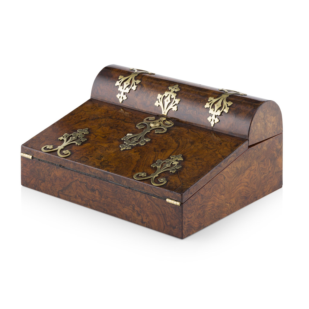 EARLY VICTORIAN BURR WALNUT AND BRASS BOUND WRITING SLOPE