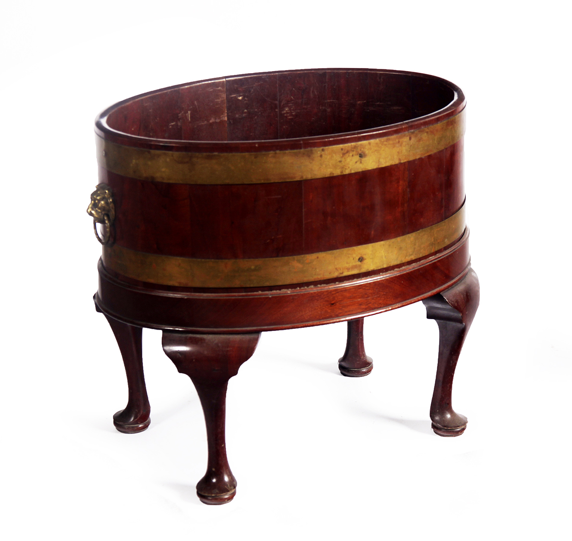 GEORGIAN STYLE MAHOGANY AND BRASS BOUND OVAL WINE COOLER