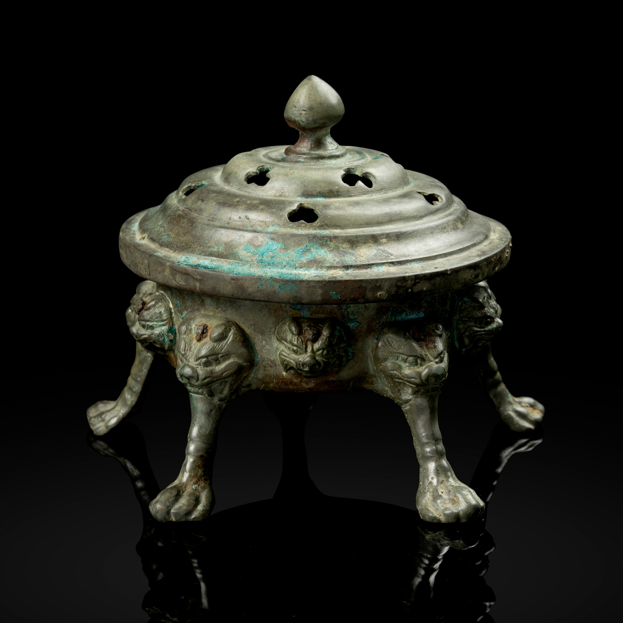 CHINESE BRONZE 'LION-MASK' FIVE-LEGGED CENSER WITH COVER