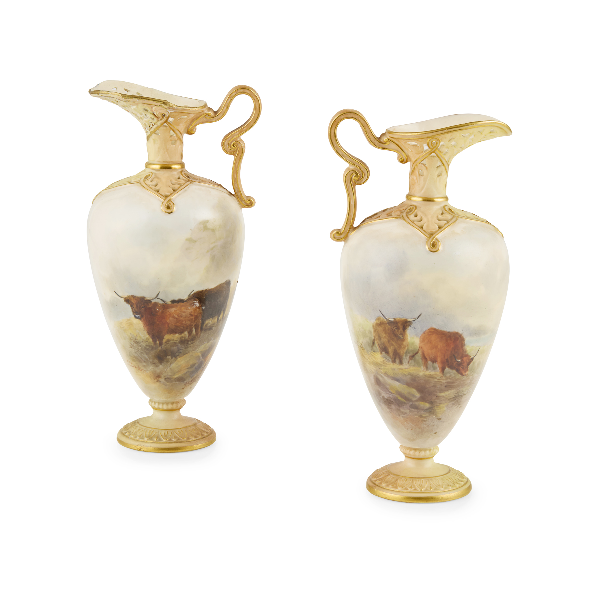 NEAR PAIR OF ROYAL WORCESTER PORCELAIN EWERS