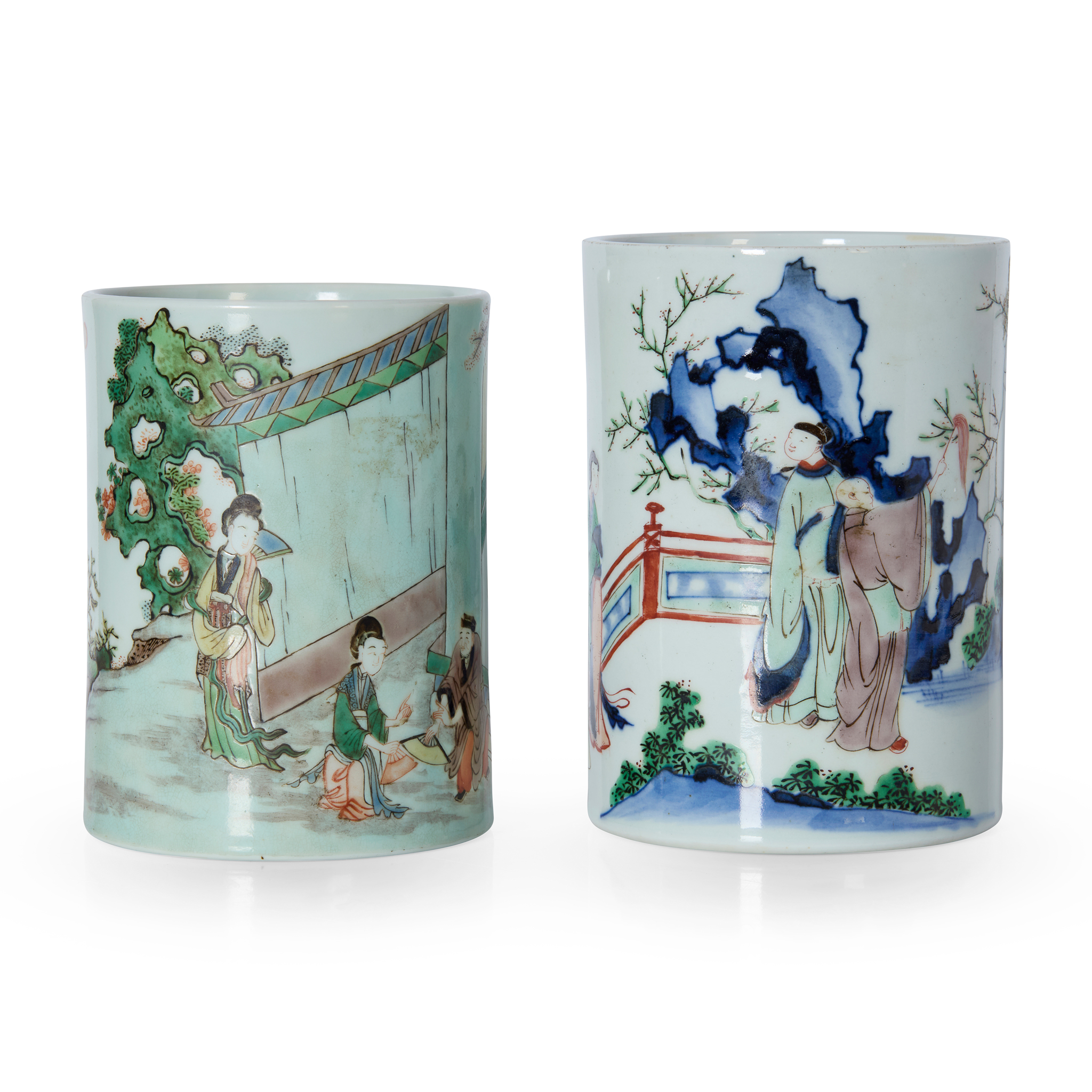 TWO CHINESE WUCAI BRUSH POTS