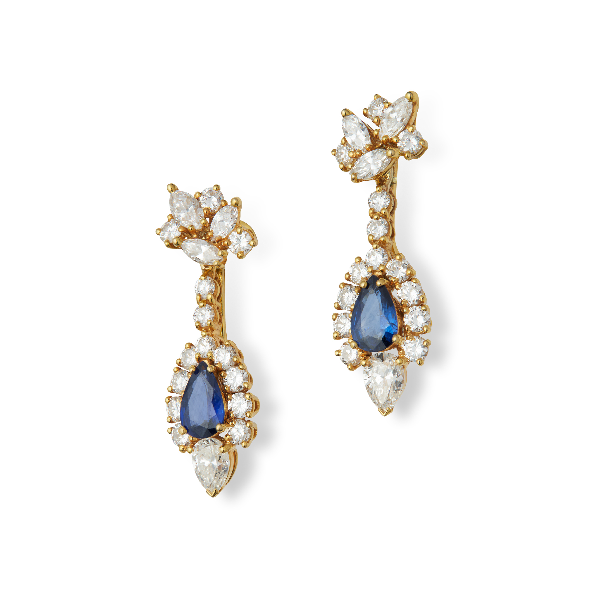 A pair of sapphire and diamond pendent earrings