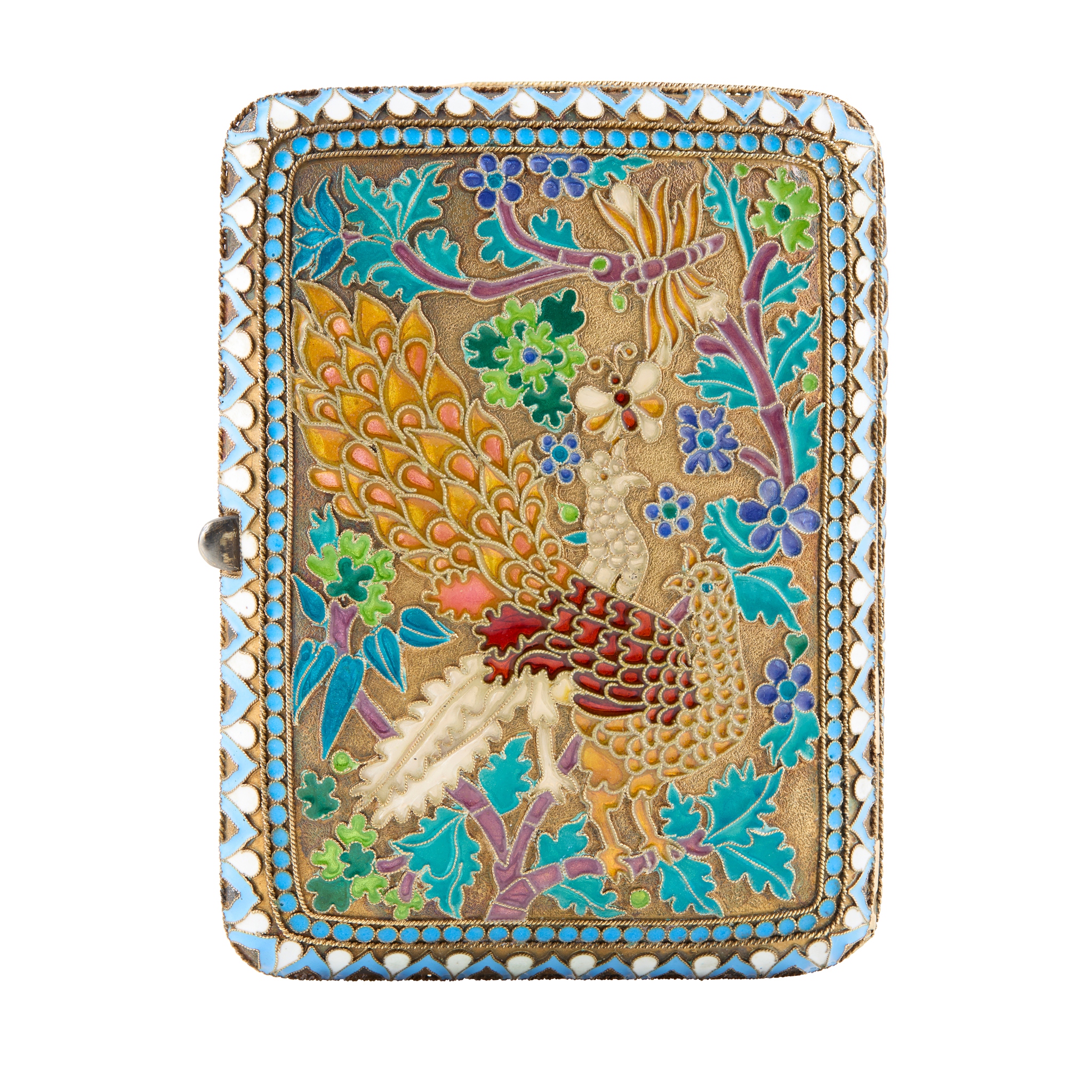 AN EARLY 20TH CENTURY SILVER-GILT PLIQUE-A-JOUR ENAMEL RUSSIAN CARD CASE