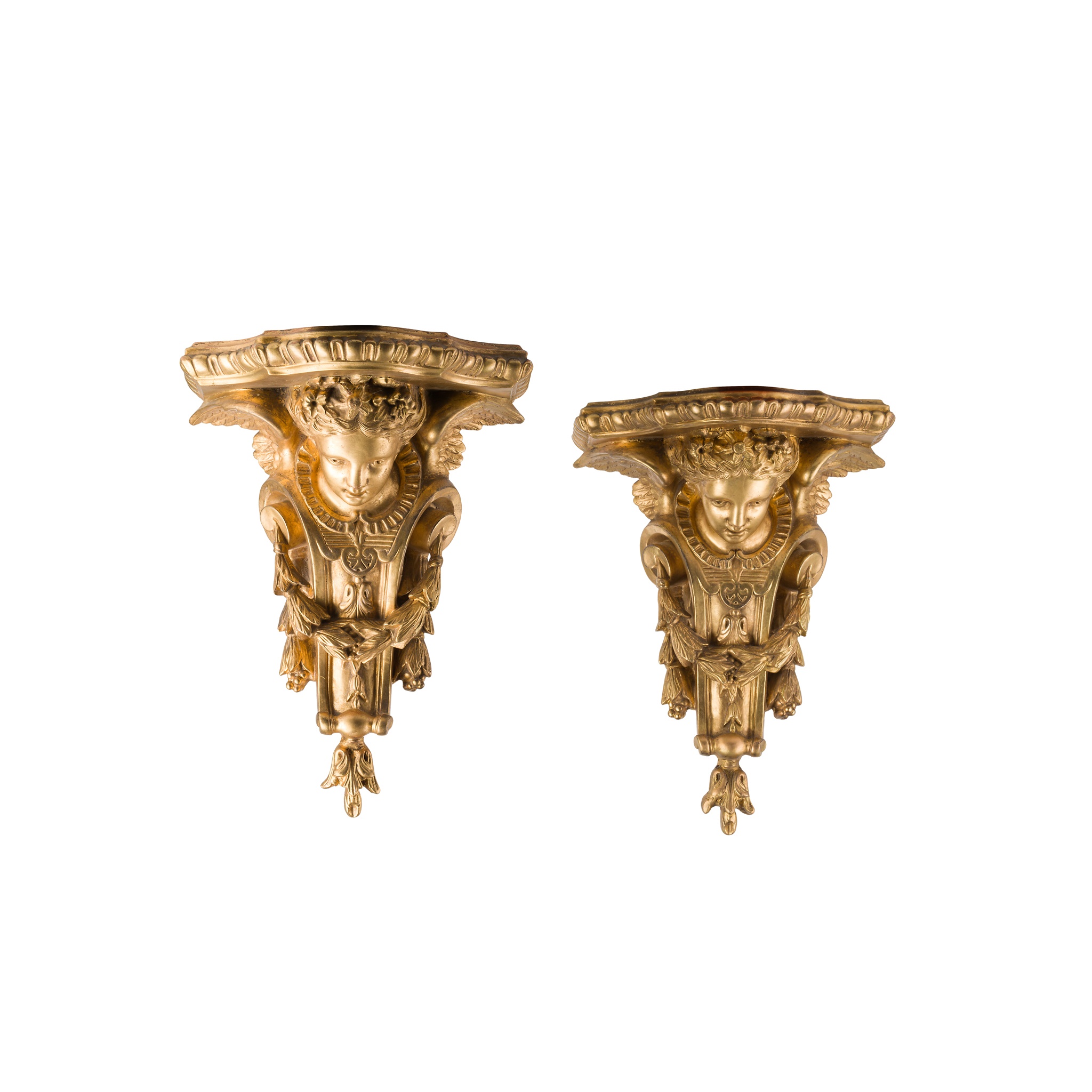 PAIR OF CARVED GILT WOOD WALL BRACKETS