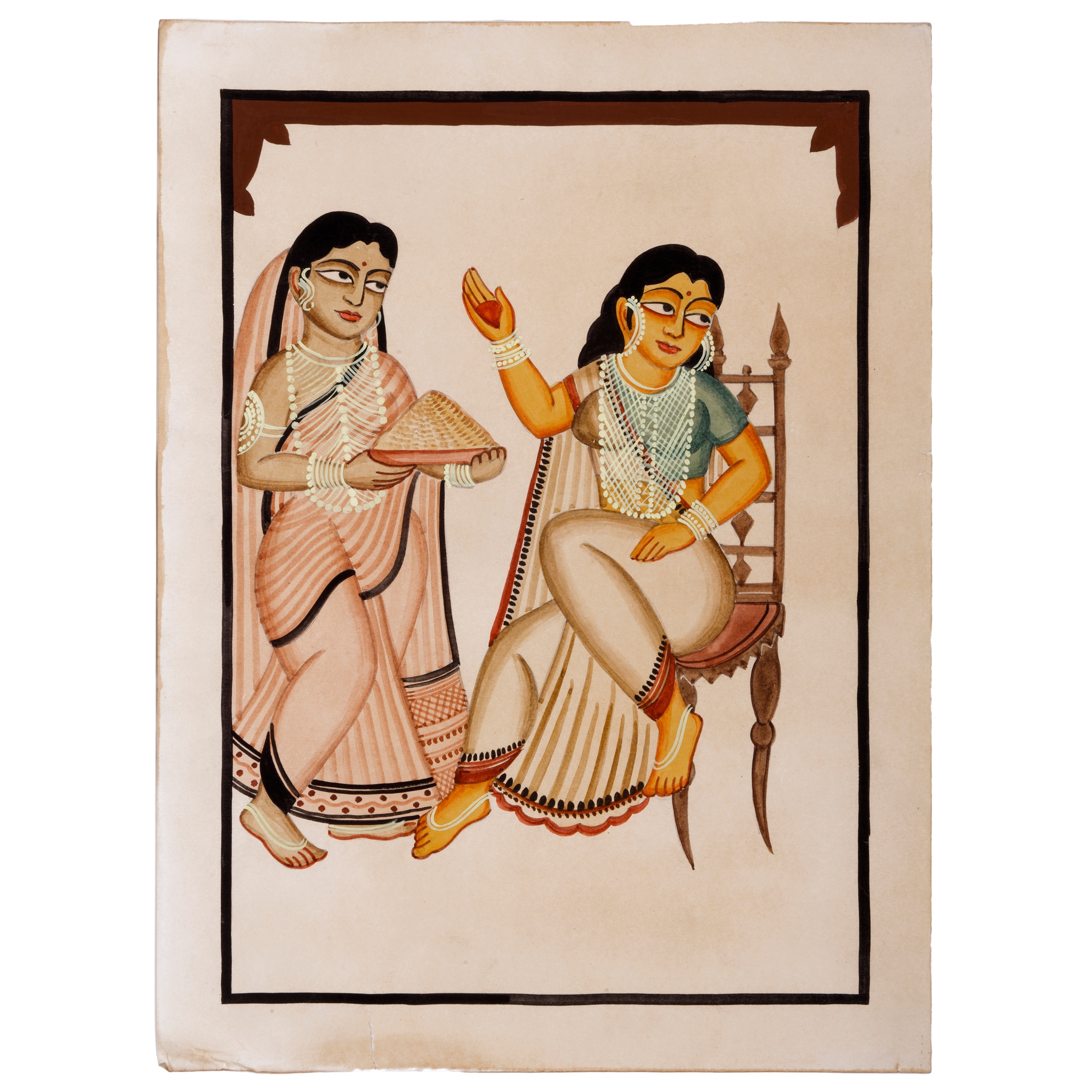 A KALIGHAT PAINTING OF A LADY BEING OFFERED SWEETS BY HER ATTENDANT