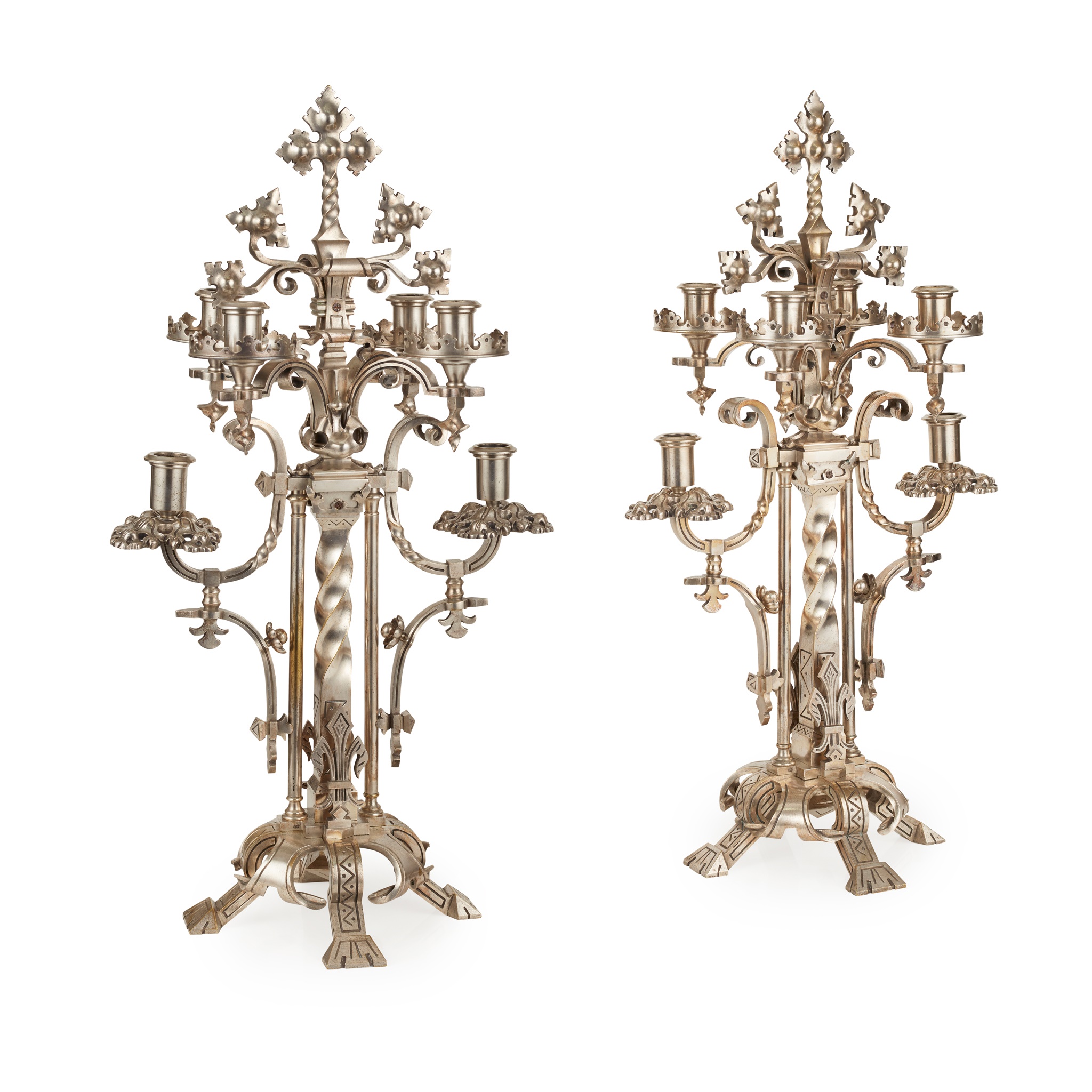 PAIR OF LARGE FRENCH GOTHIC REVIVAL SILVERED BRONZE CANDELABRA