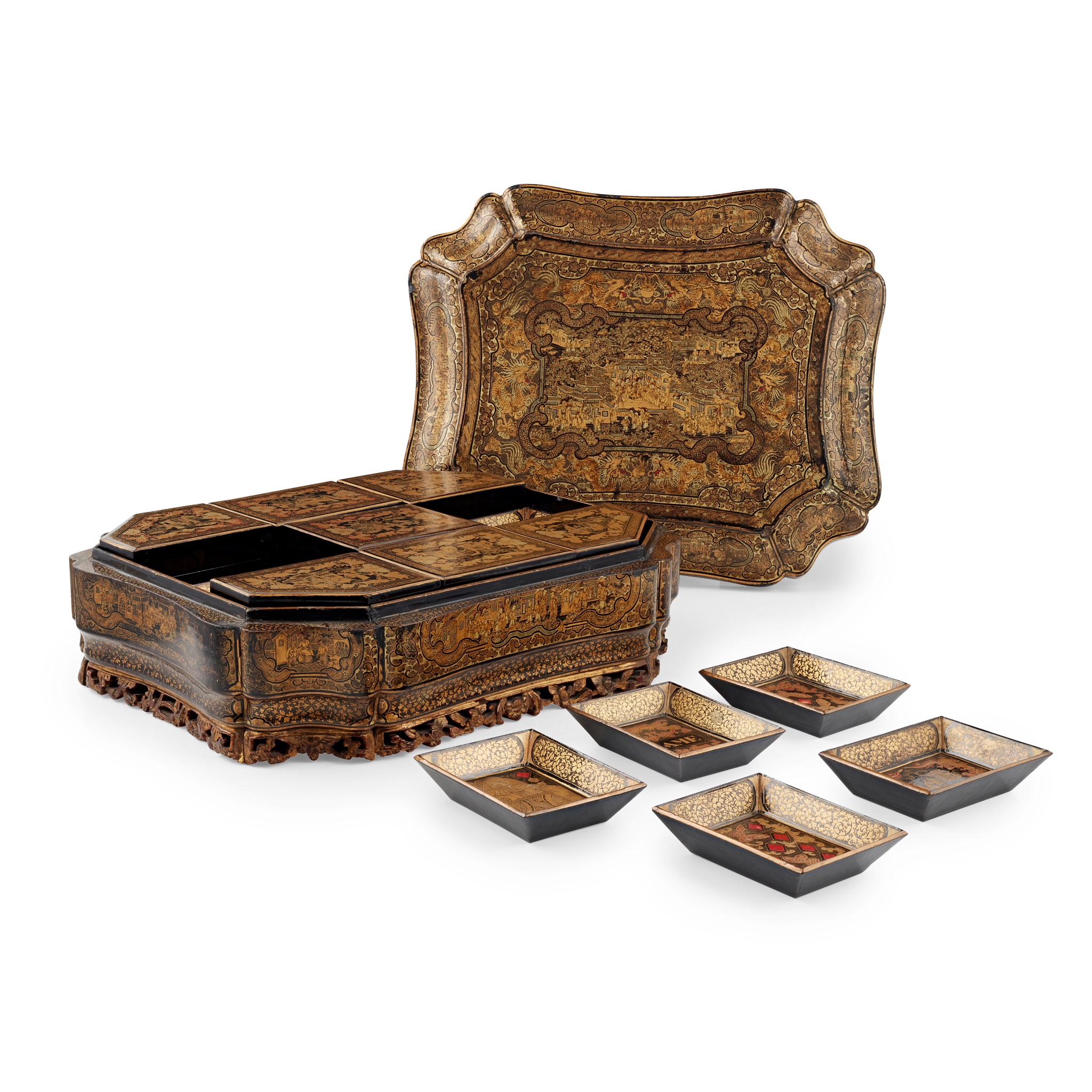 EXPORT GILT AND BLACK LACQUERED GAMES BOX
