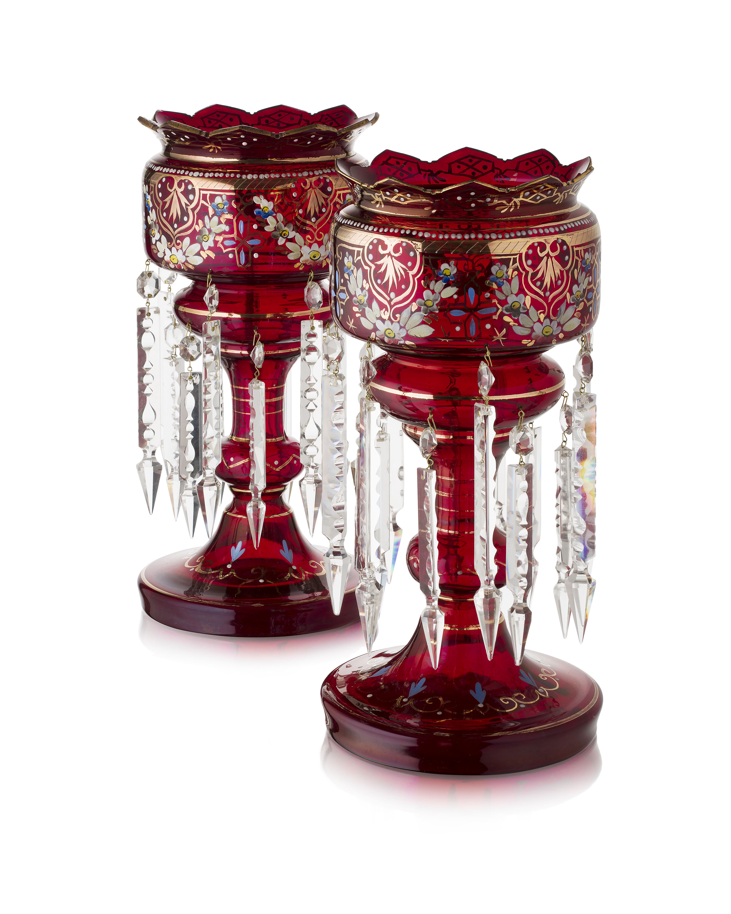 PAIR OF VICTORIAN RUBY GLASS AND GILT DECORATED GIRANDOLES