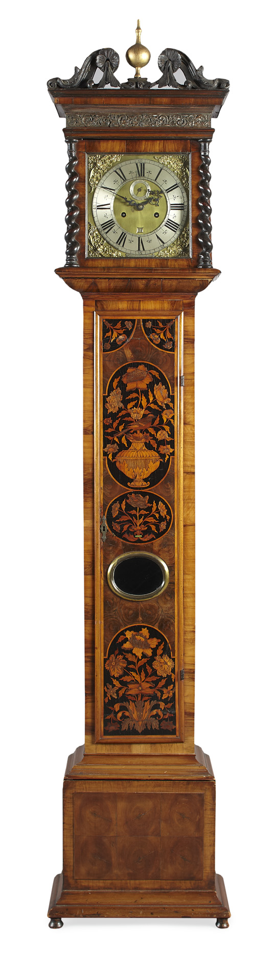 WILLIAM & MARY WALNUT, MARQUETRY AND OYSTER VENEERED LONGCASE CLOCK BY EDMUND APPLEY