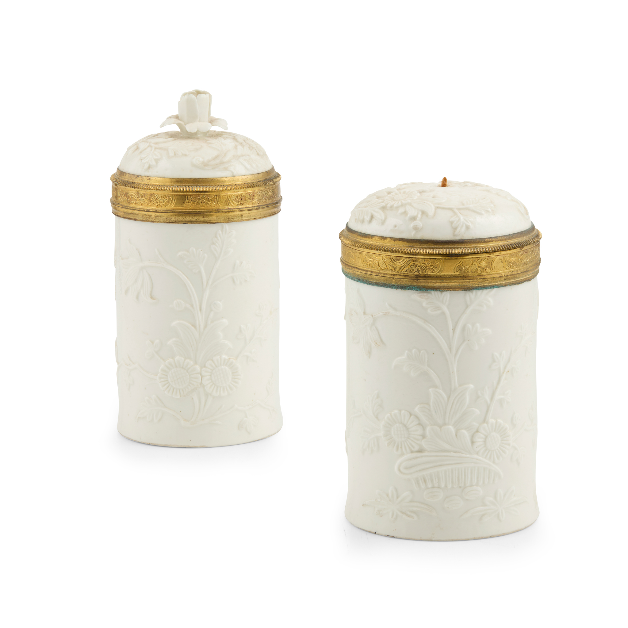 PAIR OF SAINT CLOUD BLANC DE CHINE TOBACCO JARS